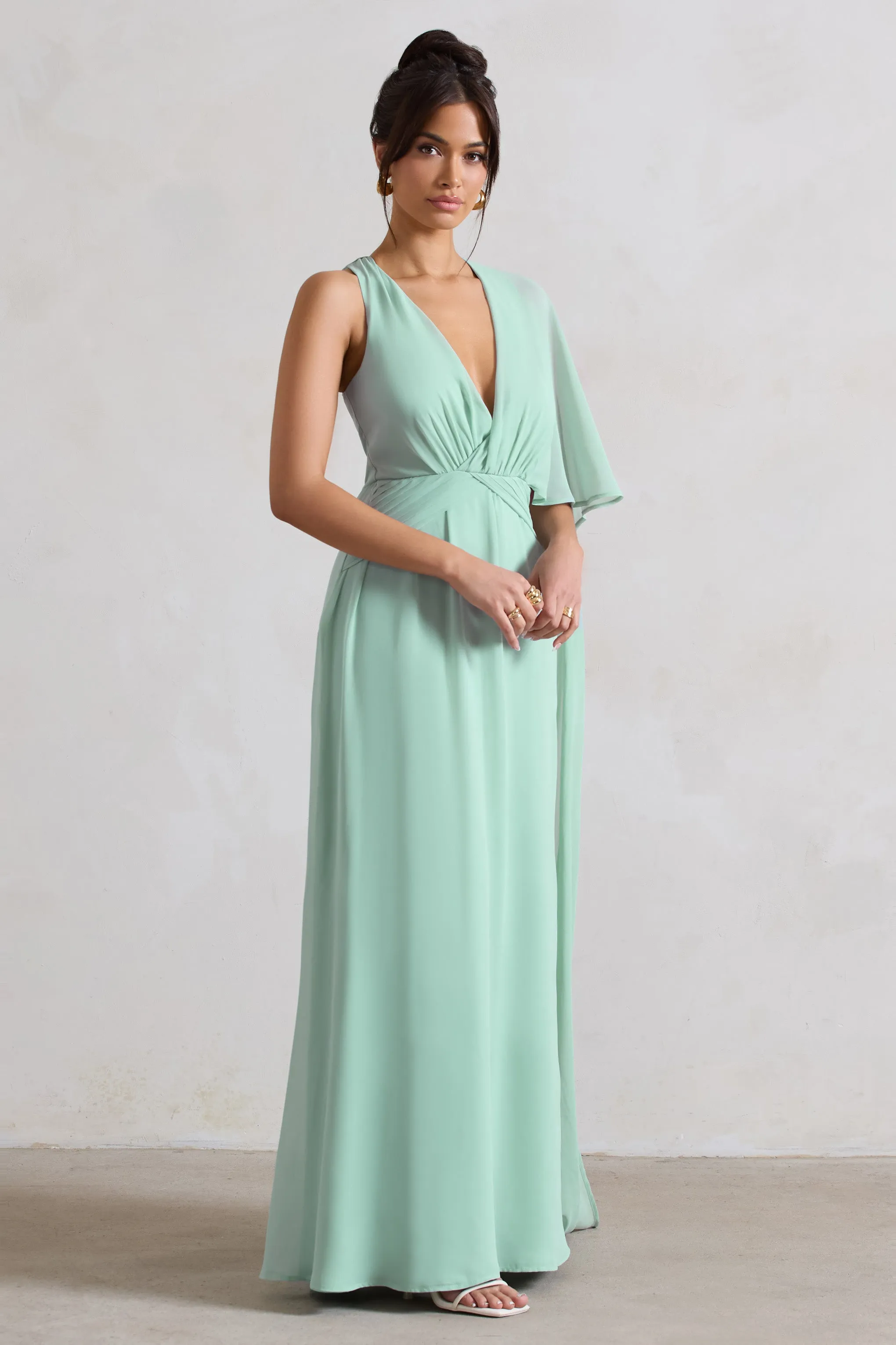 Fairytale | Sage Plunge-Neck Chiffon Maxi Dress With Cape Sleeve sold by Club L London product image thumbnail 5