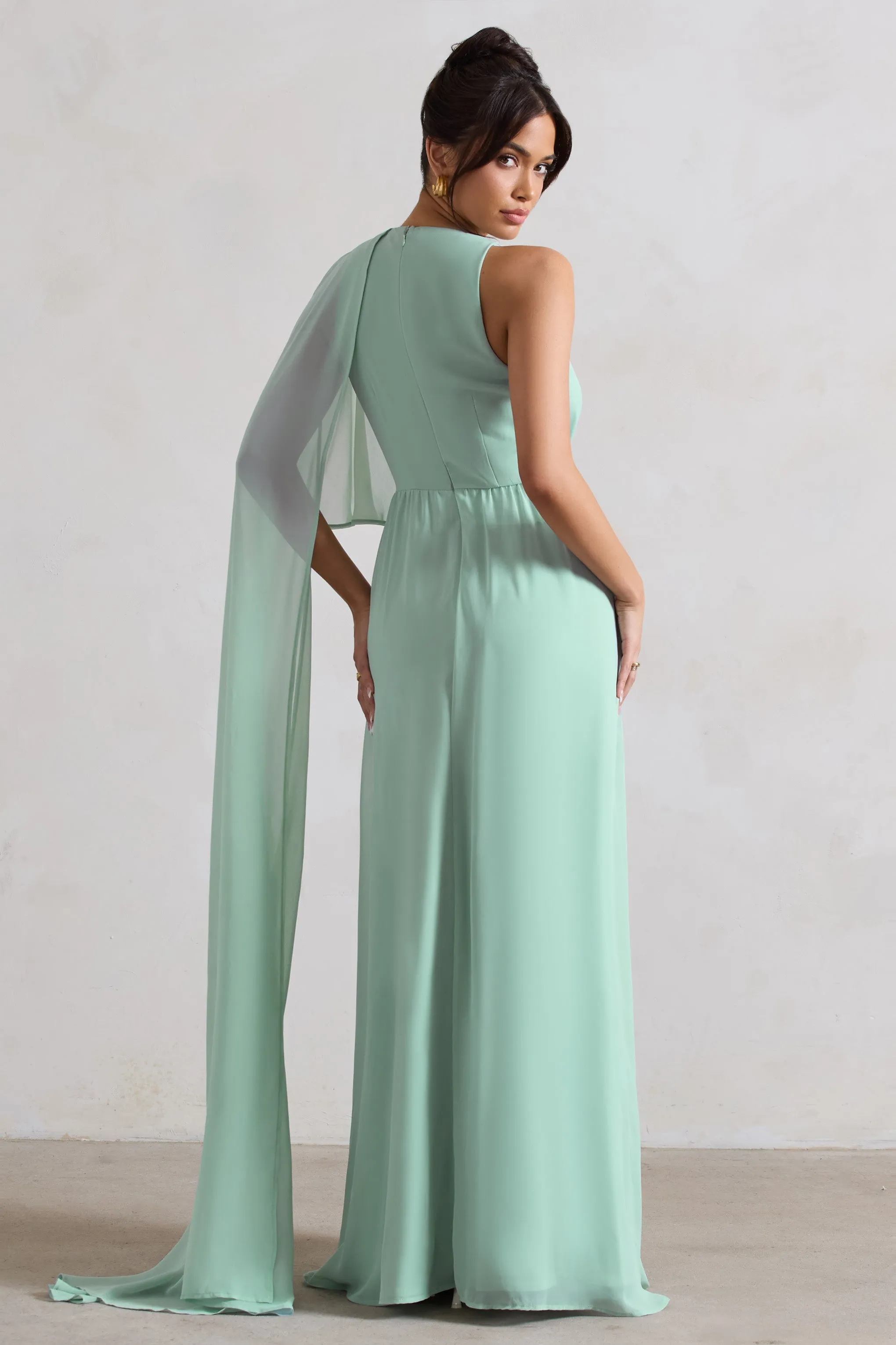 Fairytale | Sage Plunge-Neck Chiffon Maxi Dress With Cape Sleeve sold by Club L London product image thumbnail 2