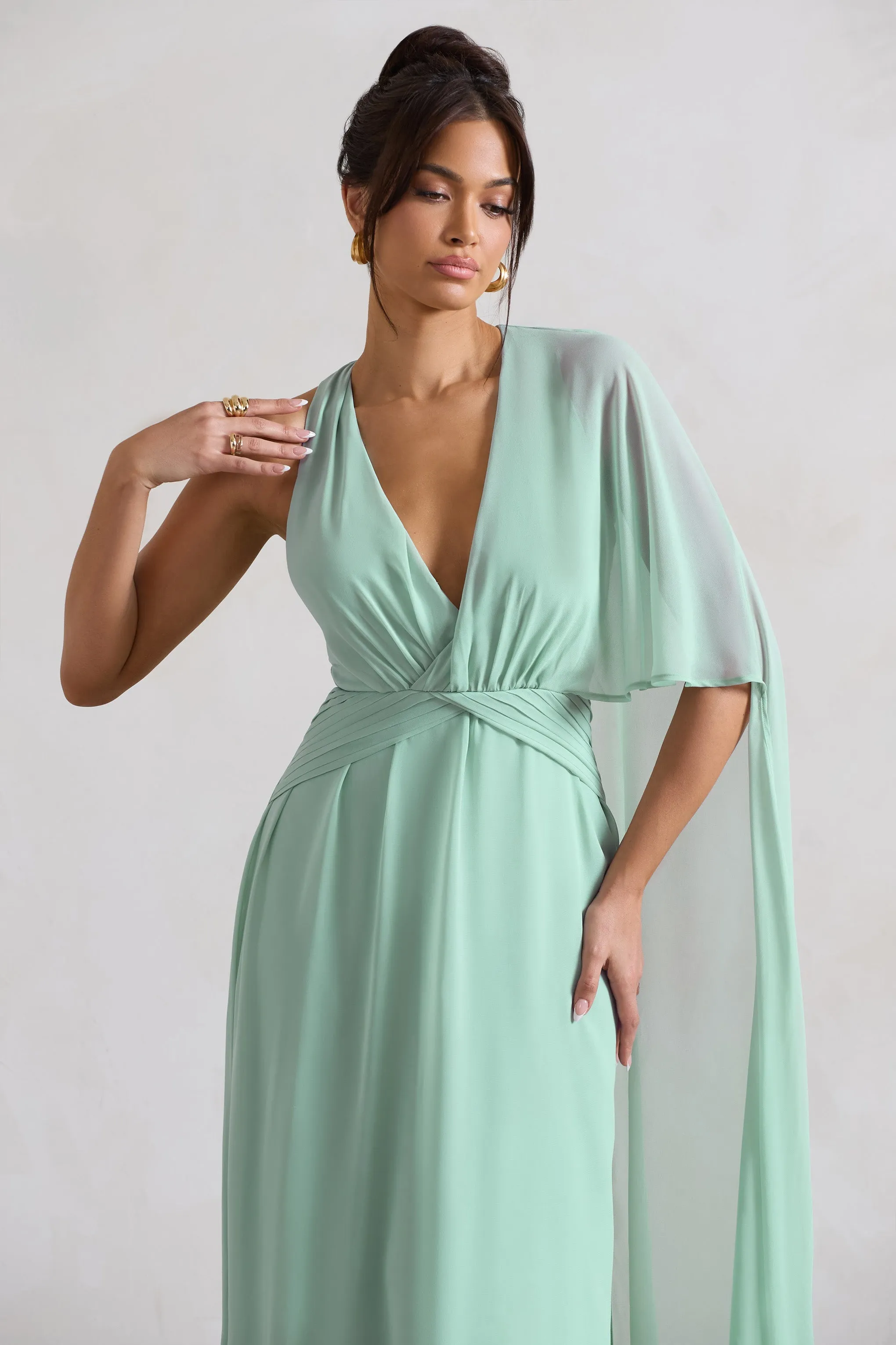 Fairytale | Sage Plunge-Neck Chiffon Maxi Dress With Cape Sleeve sold by Club L London product image thumbnail 3