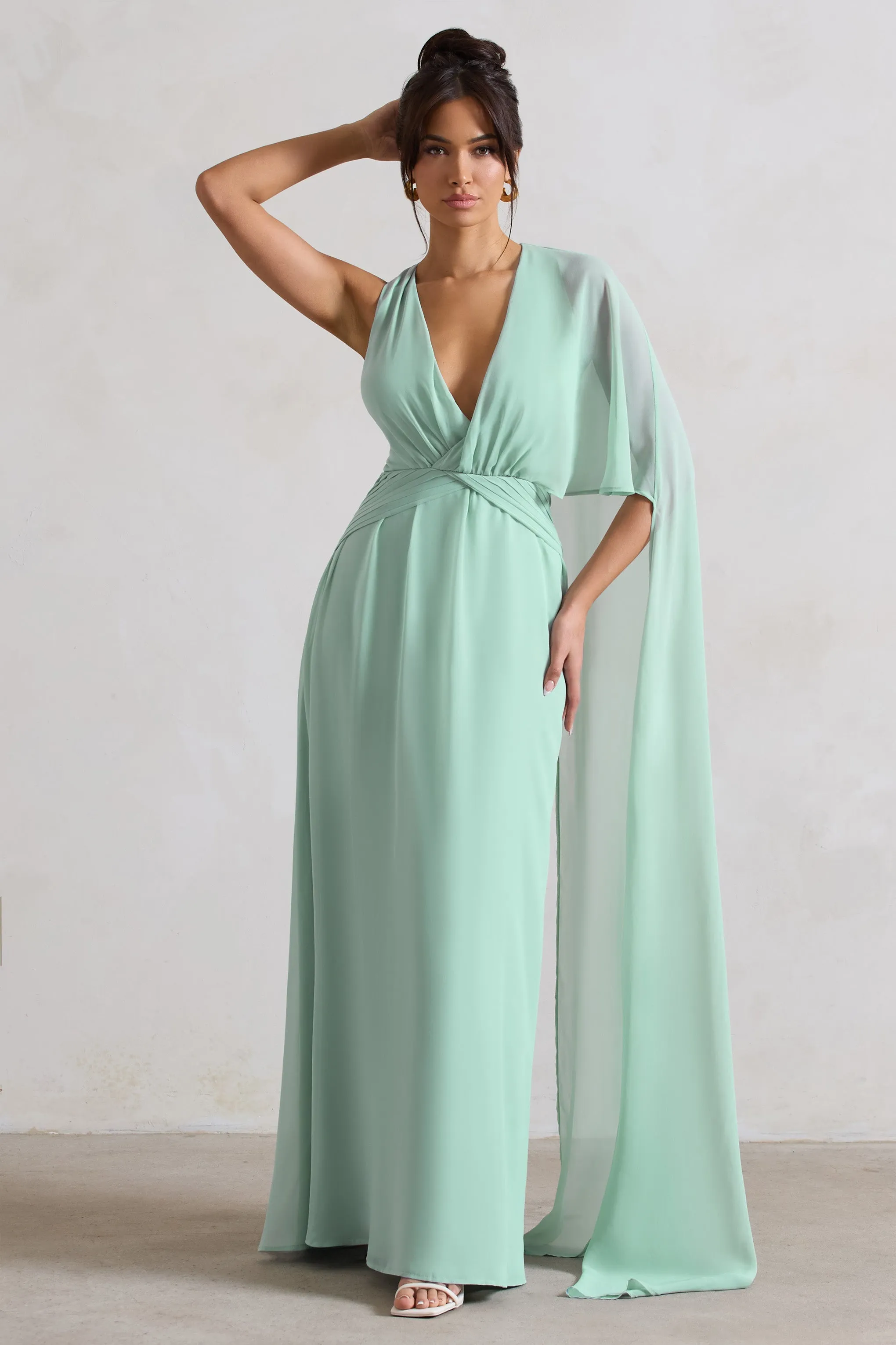 Fairytale | Sage Plunge-Neck Chiffon Maxi Dress With Cape Sleeve sold by Club L London