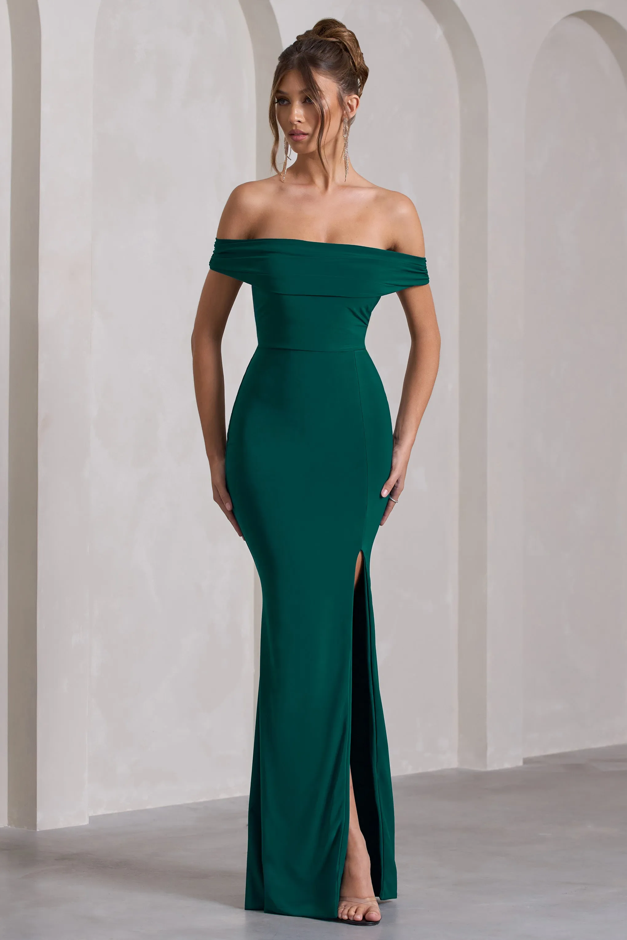 Law of Attraction | Bottle Green Bardot Draped Split Maxi Dress sold by Club L London product image thumbnail 4