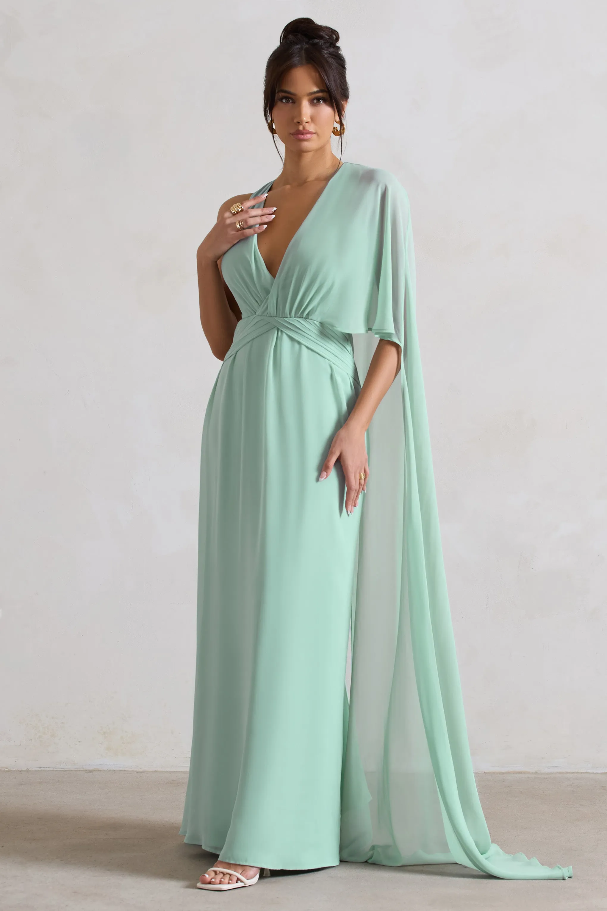 Fairytale | Sage Plunge-Neck Chiffon Maxi Dress With Cape Sleeve sold by Club L London product image thumbnail 4