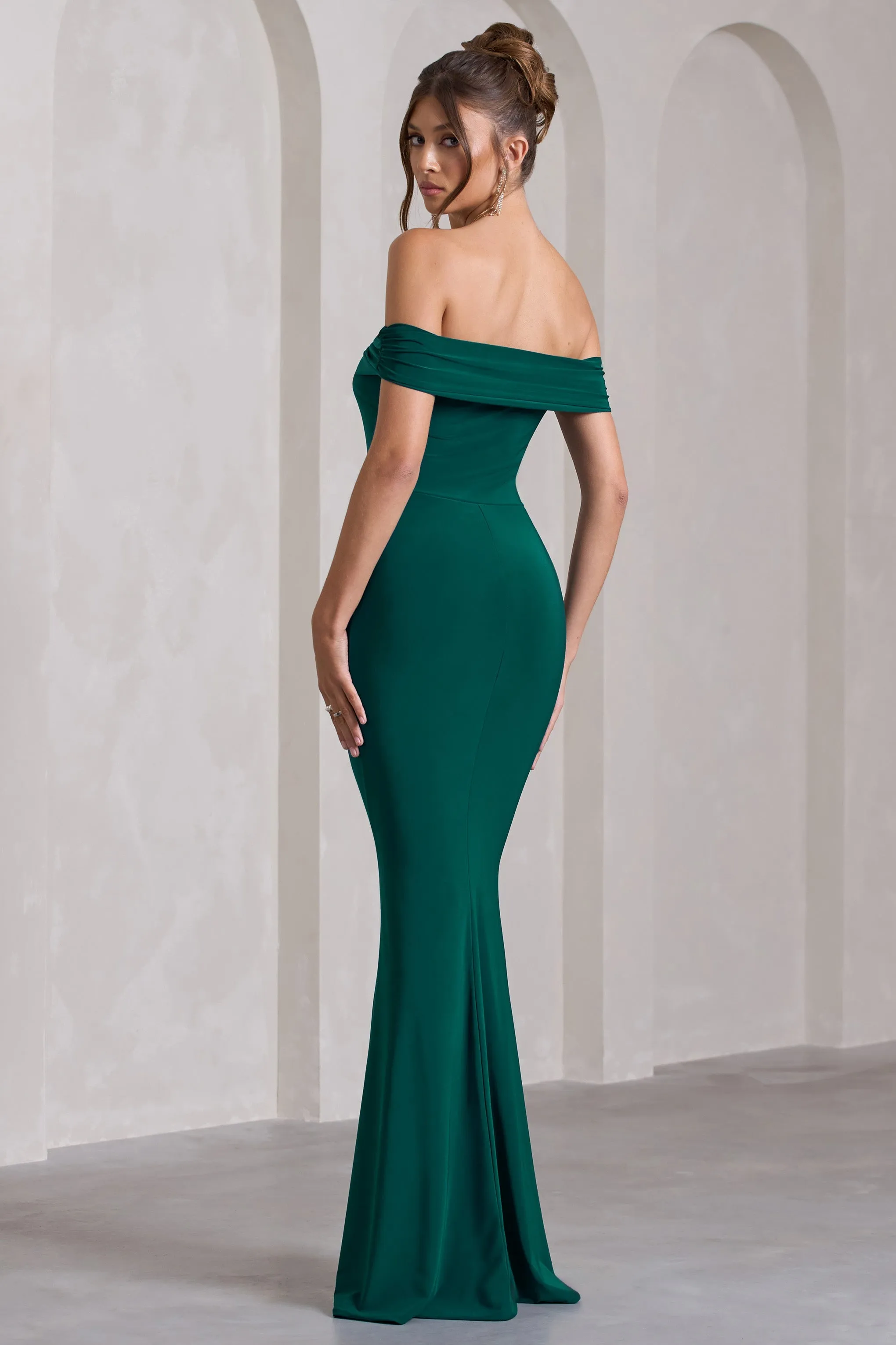 Law of Attraction | Bottle Green Bardot Draped Split Maxi Dress sold by Club L London product image thumbnail 2