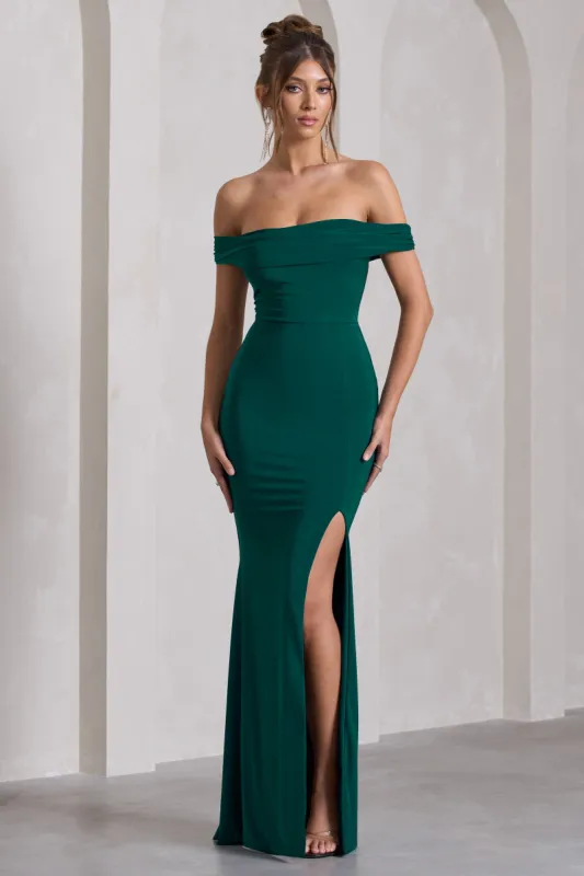 Law of Attraction | Bottle Green Bardot Draped Split Maxi Dress sold by Club L London