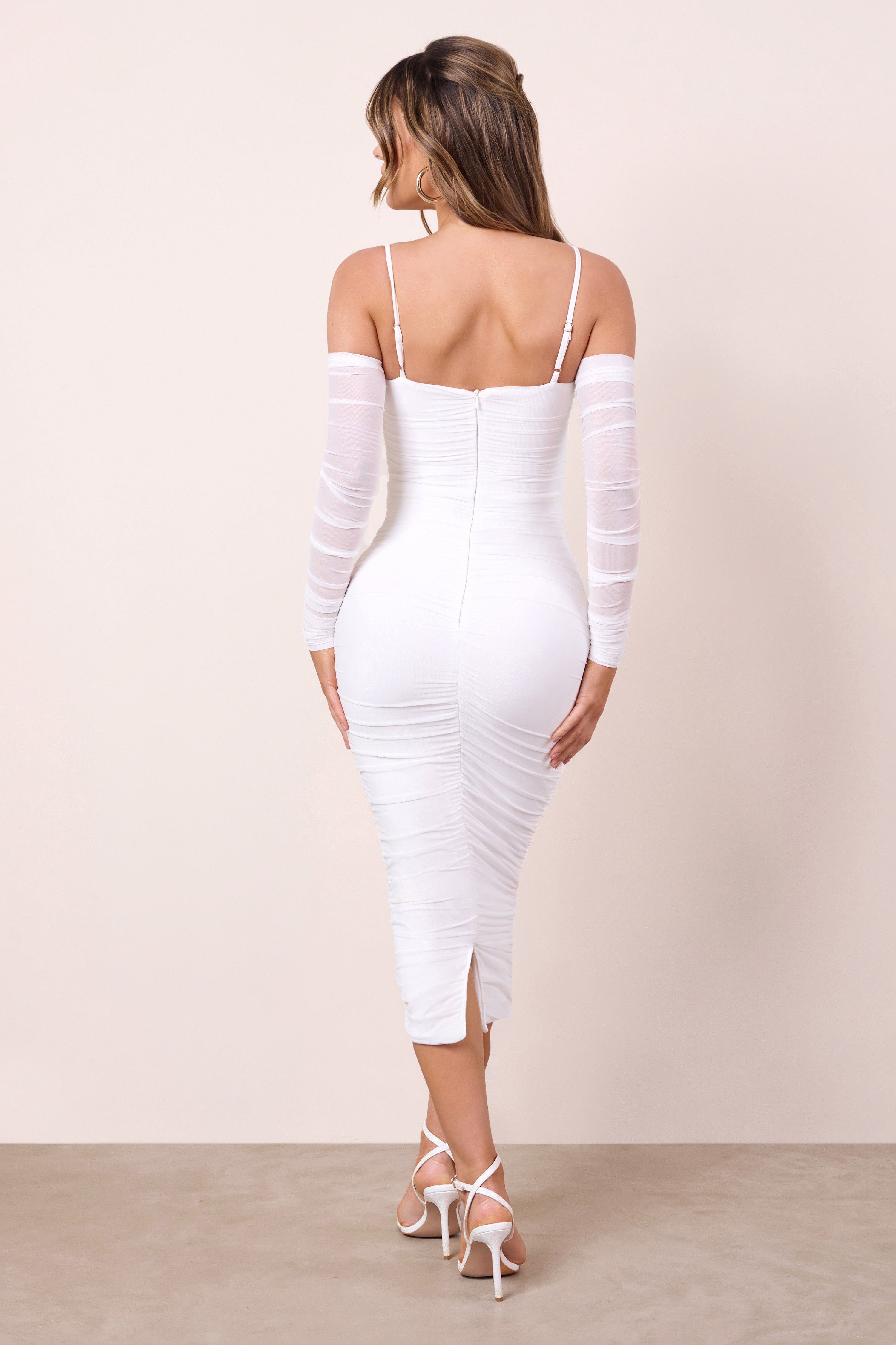 Happiness | Ivory Off The Shoulder Long Sleeve Ruched Mesh Midi Dress sold by Club L London product image thumbnail 2