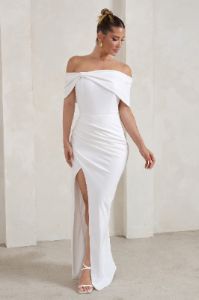 Eva | White Bardot Bow Detail Maxi Dress With Thigh Split sold by Club L London