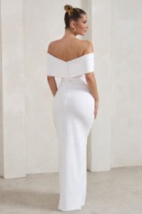 Eva | White Bardot Bow Detail Maxi Dress With Thigh Split sold by Club L London