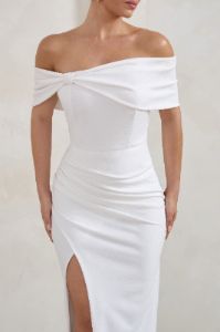 Eva | White Bardot Bow Detail Maxi Dress With Thigh Split sold by Club L London