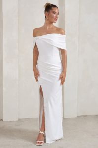 Eva | White Bardot Bow Detail Maxi Dress With Thigh Split sold by Club L London