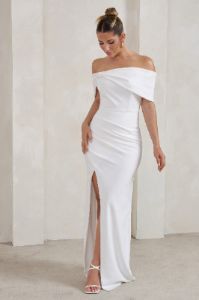 Eva | White Bardot Bow Detail Maxi Dress With Thigh Split sold by Club L London