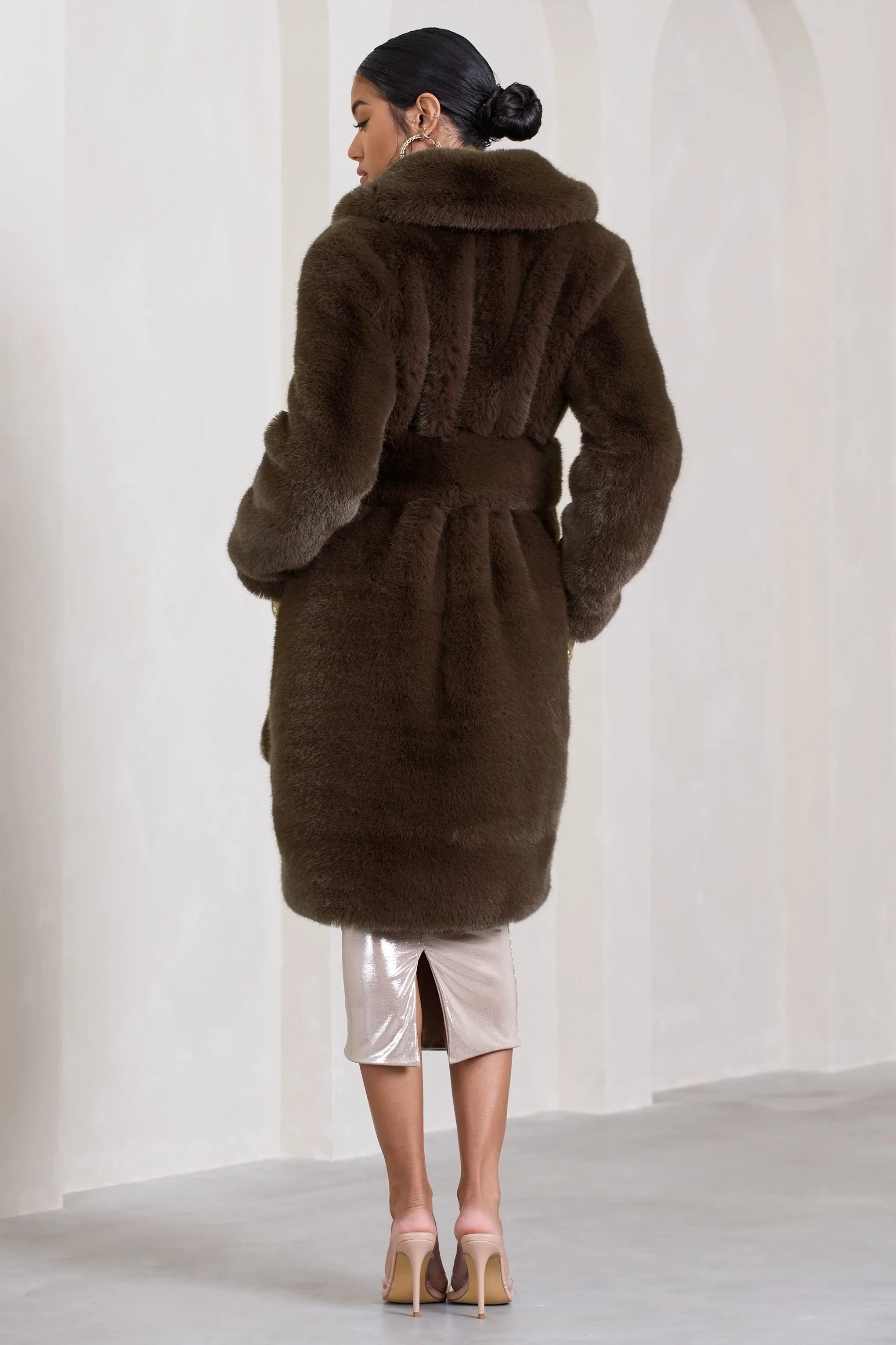 Slopeside | Brown Long Belted Faux Fur Coat sold by Club L London product image thumbnail 5