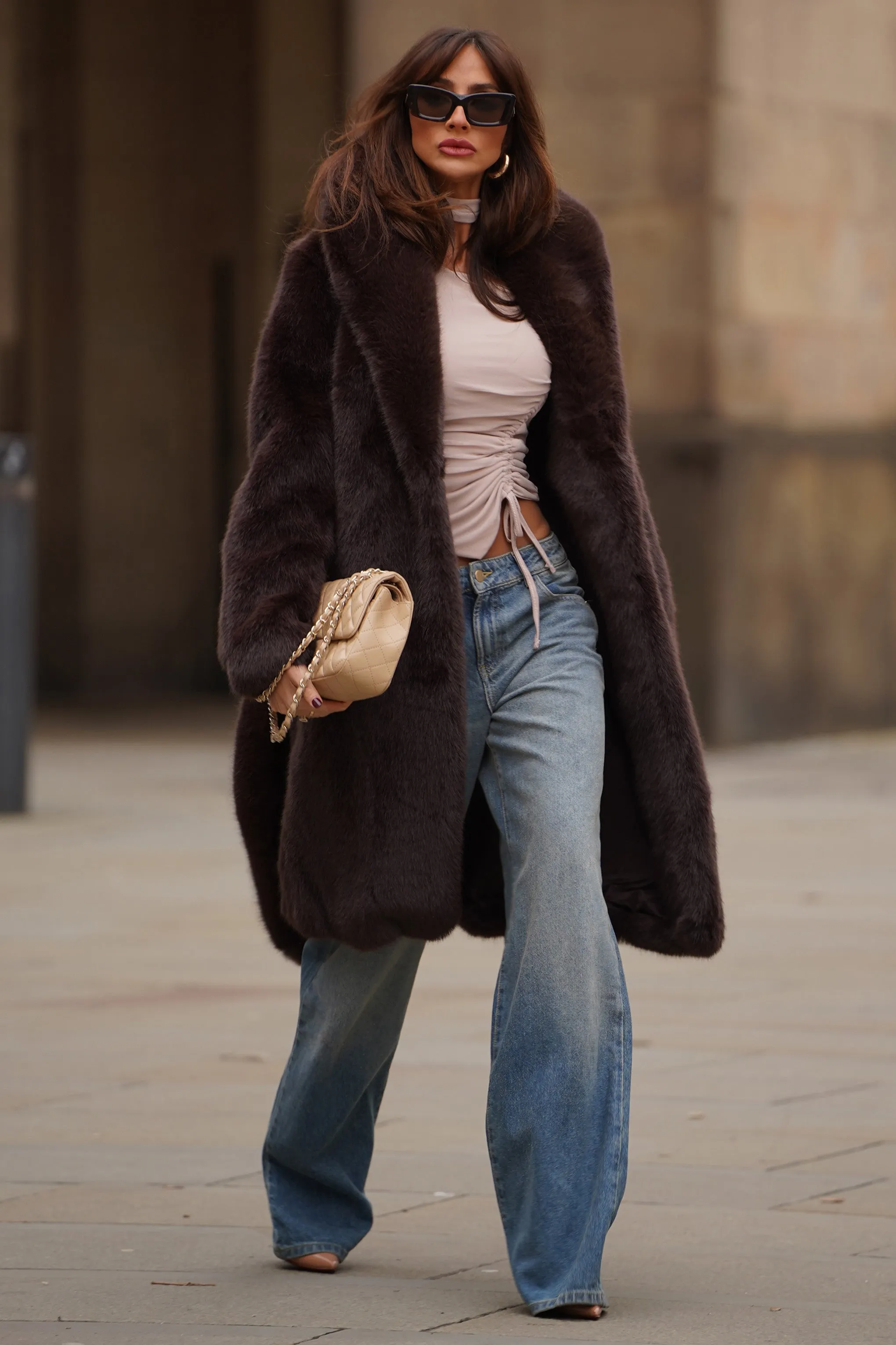 Slopeside | Brown Long Belted Faux Fur Coat sold by Club L London product image thumbnail 3