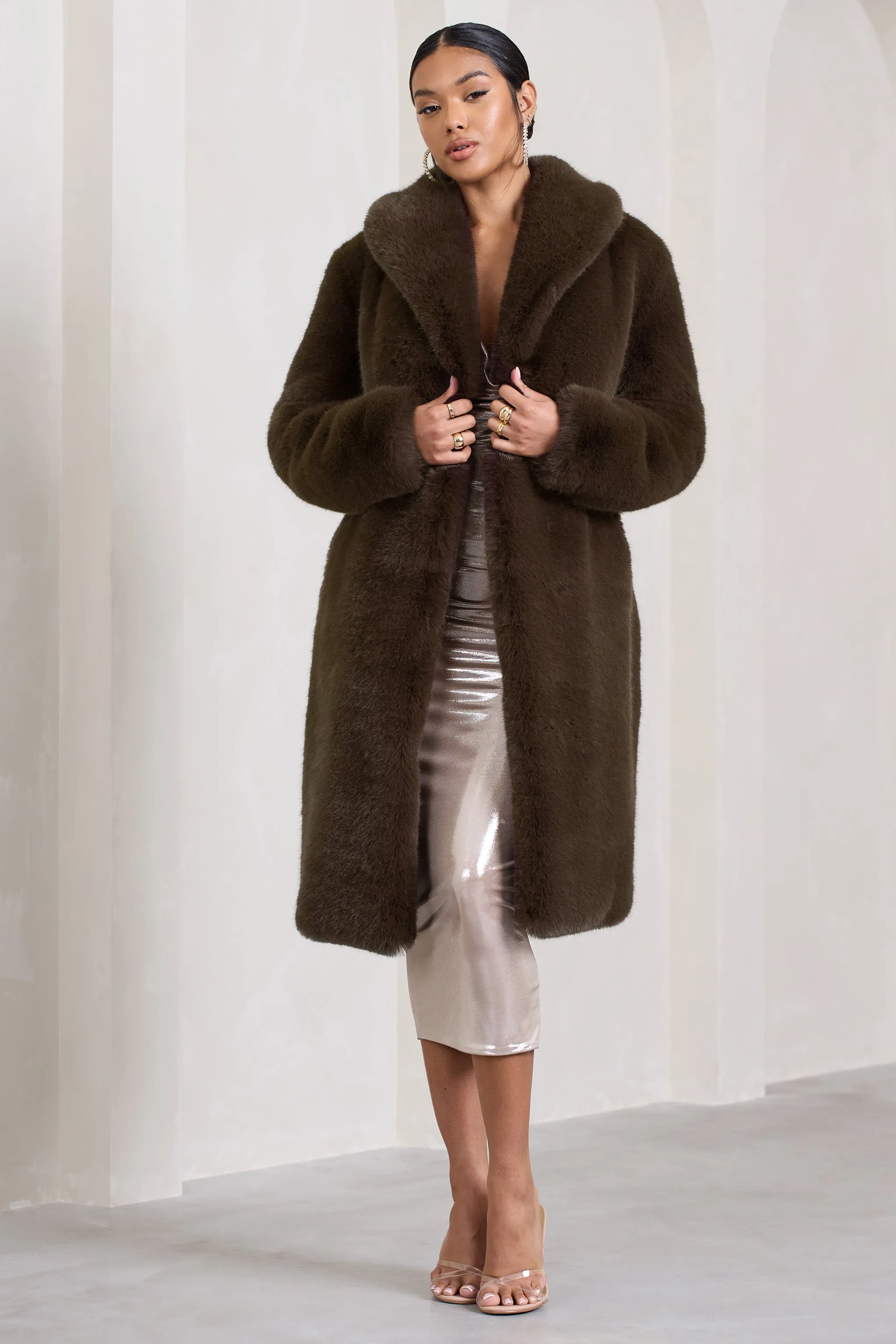 Slopeside | Brown Long Belted Faux Fur Coat sold by Club L London product image thumbnail 4