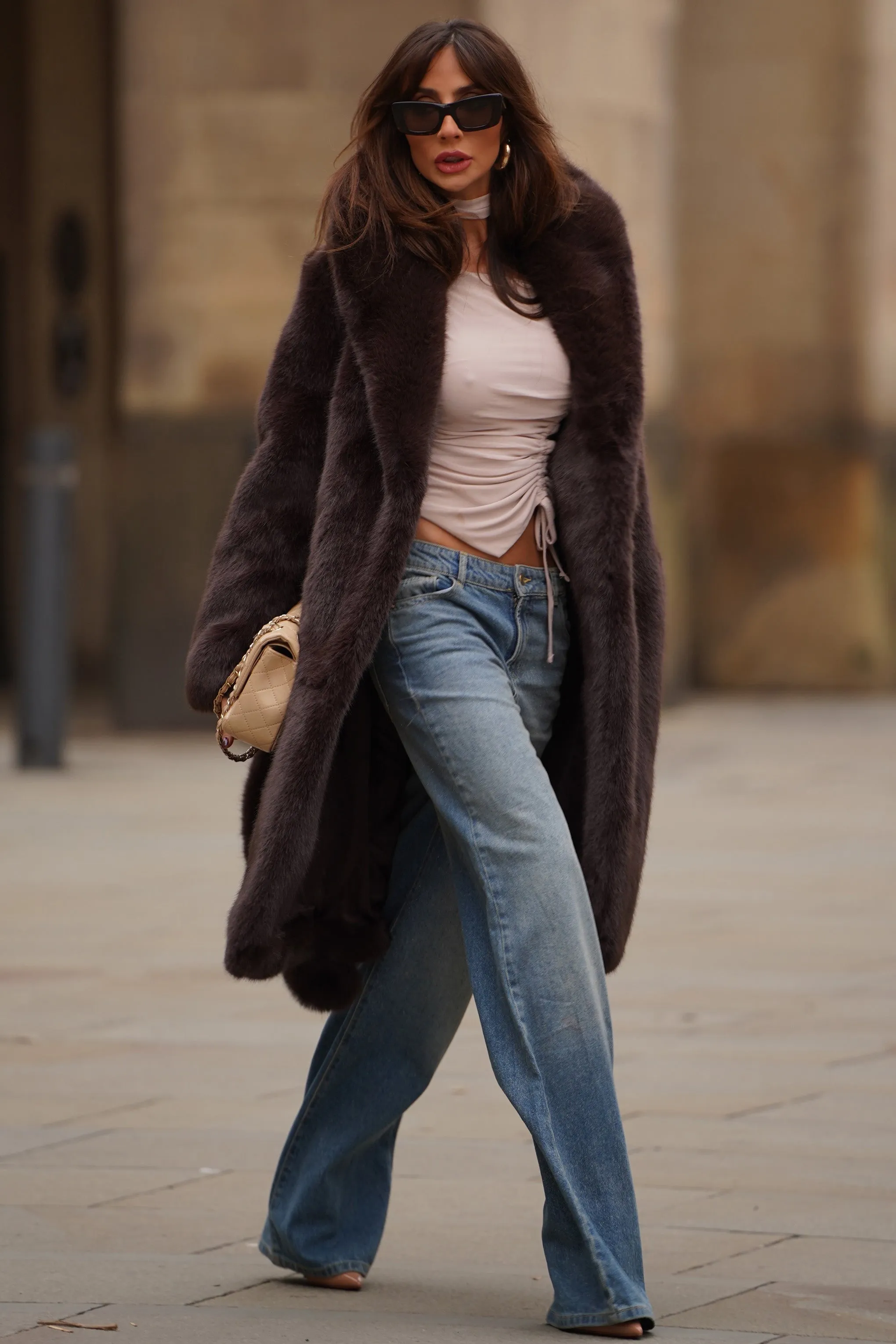 Slopeside | Brown Long Belted Faux Fur Coat sold by Club L London