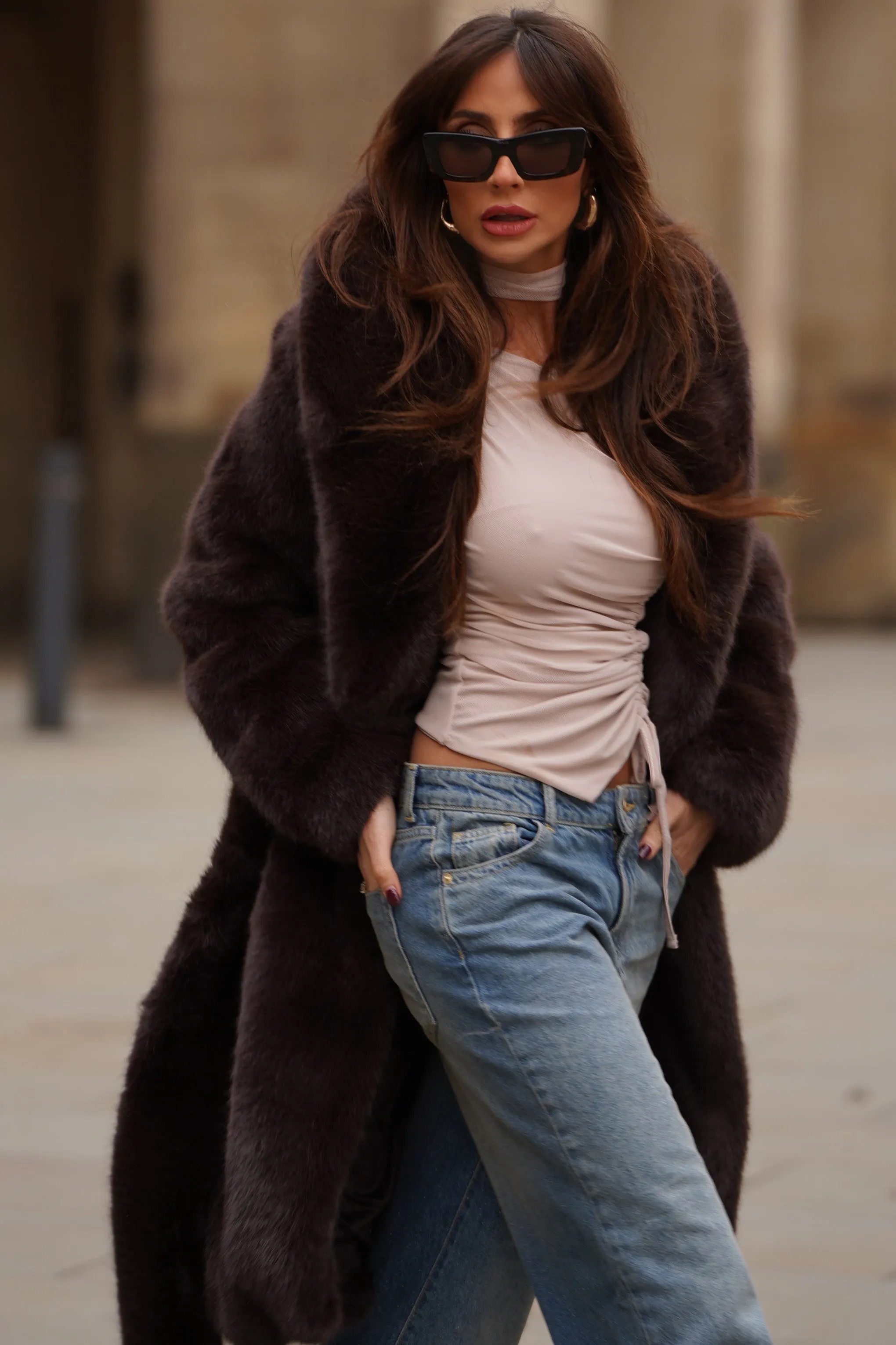 Slopeside | Brown Long Belted Faux Fur Coat sold by Club L London product image thumbnail 2