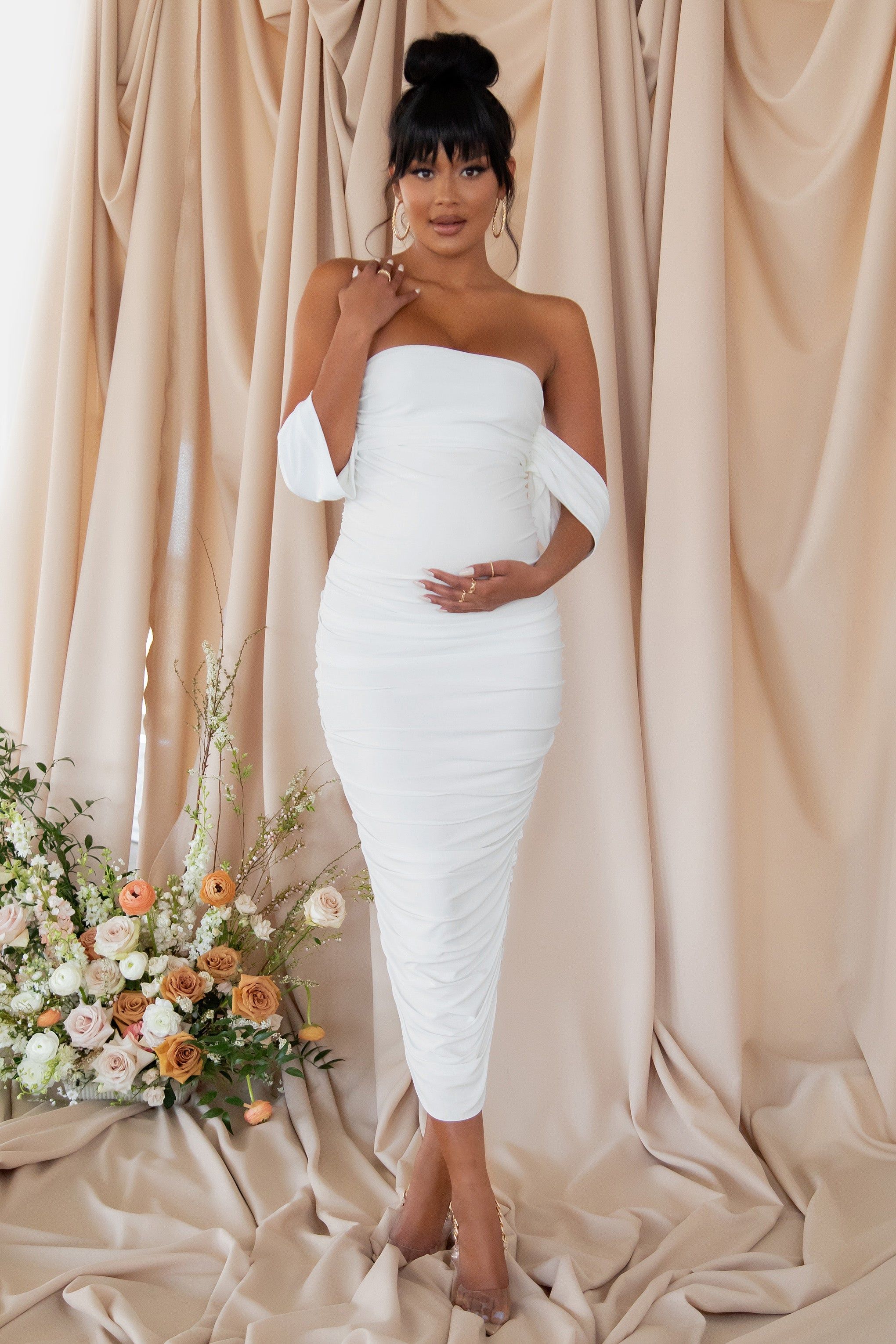 Plus One | White Maternity Bardot Ruched Draped Midi Dress sold by Club L London product image thumbnail 6