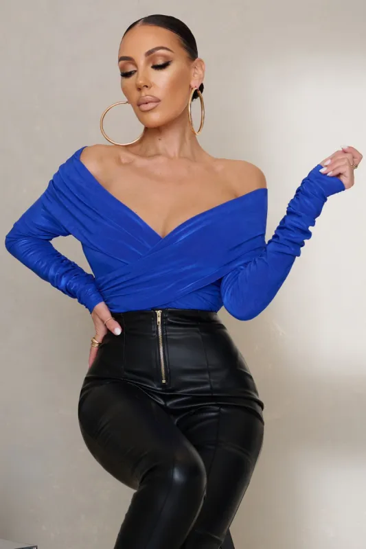 My Everything | Cobalt Blue Long Sleeve Wrap Bardot Bodysuit sold by Club L London