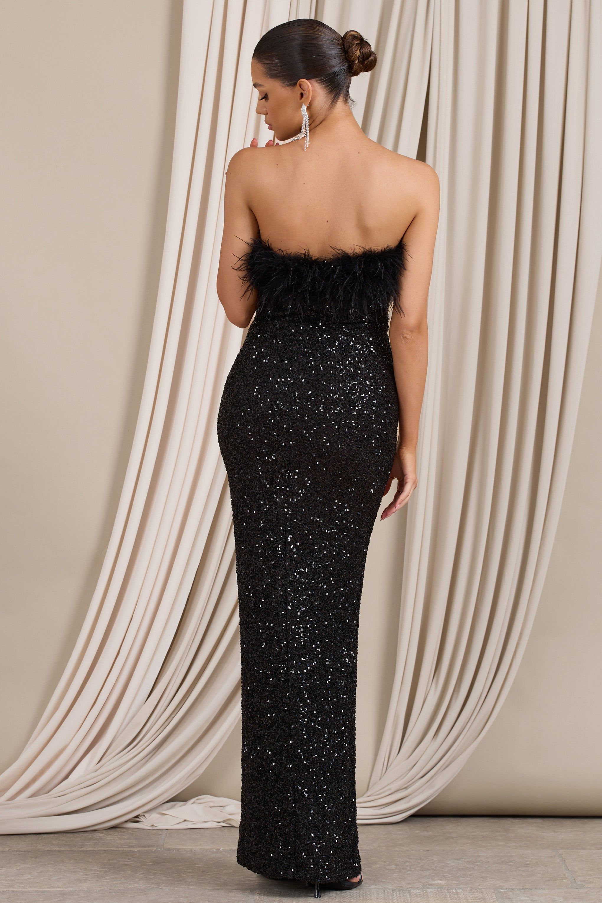 Old Money | Black Bodycon Sequin Maxi Dress With Feather Trim sold by Club L London product image thumbnail 2