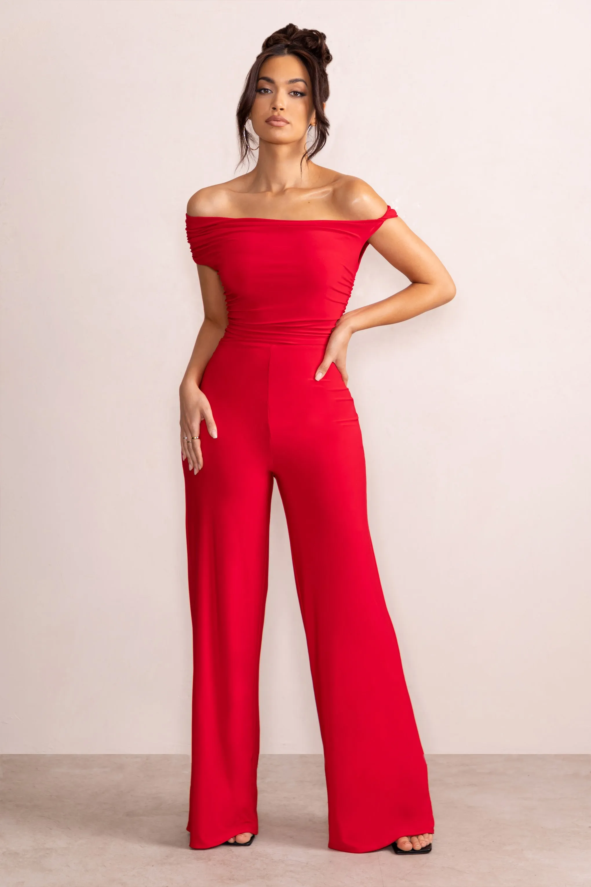 Avery | Red Asymmetric Bardot Ruched Jumpsuit With Wide Leg sold by Club L London product image thumbnail 3