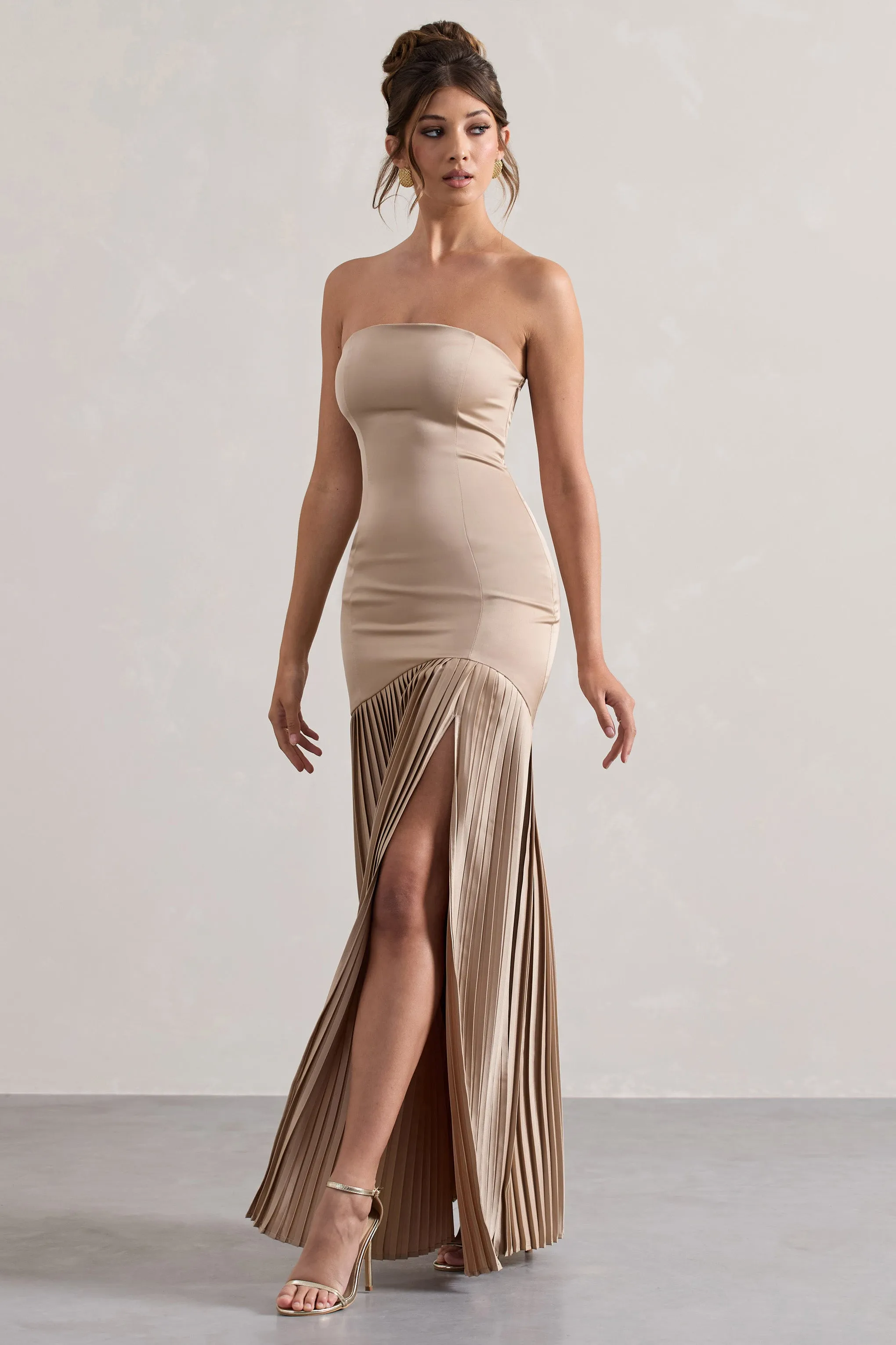 Confidence | Champagne Satin Bandeau Pleated Split Maxi Dress sold by Club L London