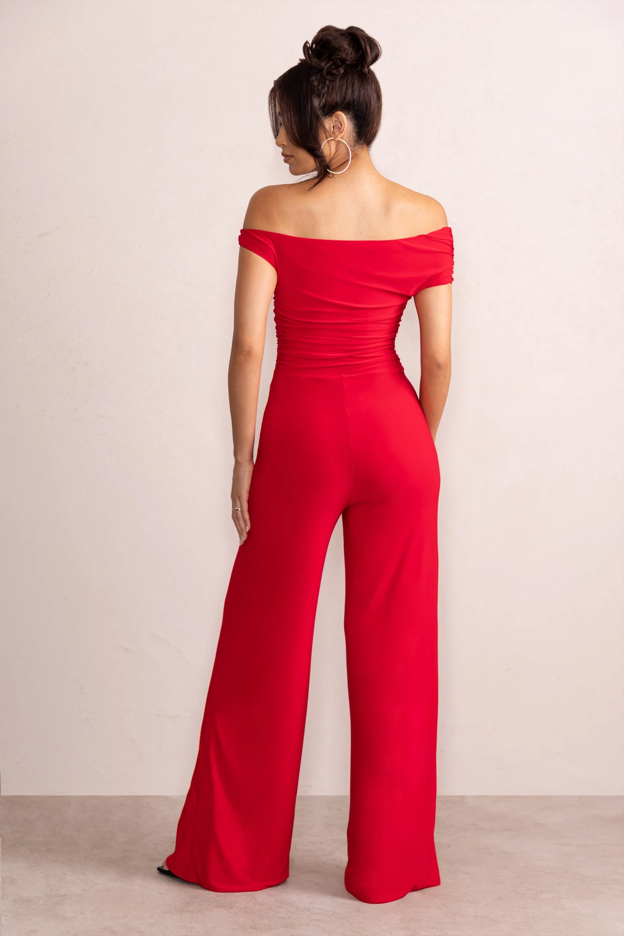 Avery | Red Asymmetric Bardot Ruched Jumpsuit With Wide Leg sold by Club L London product image thumbnail 2