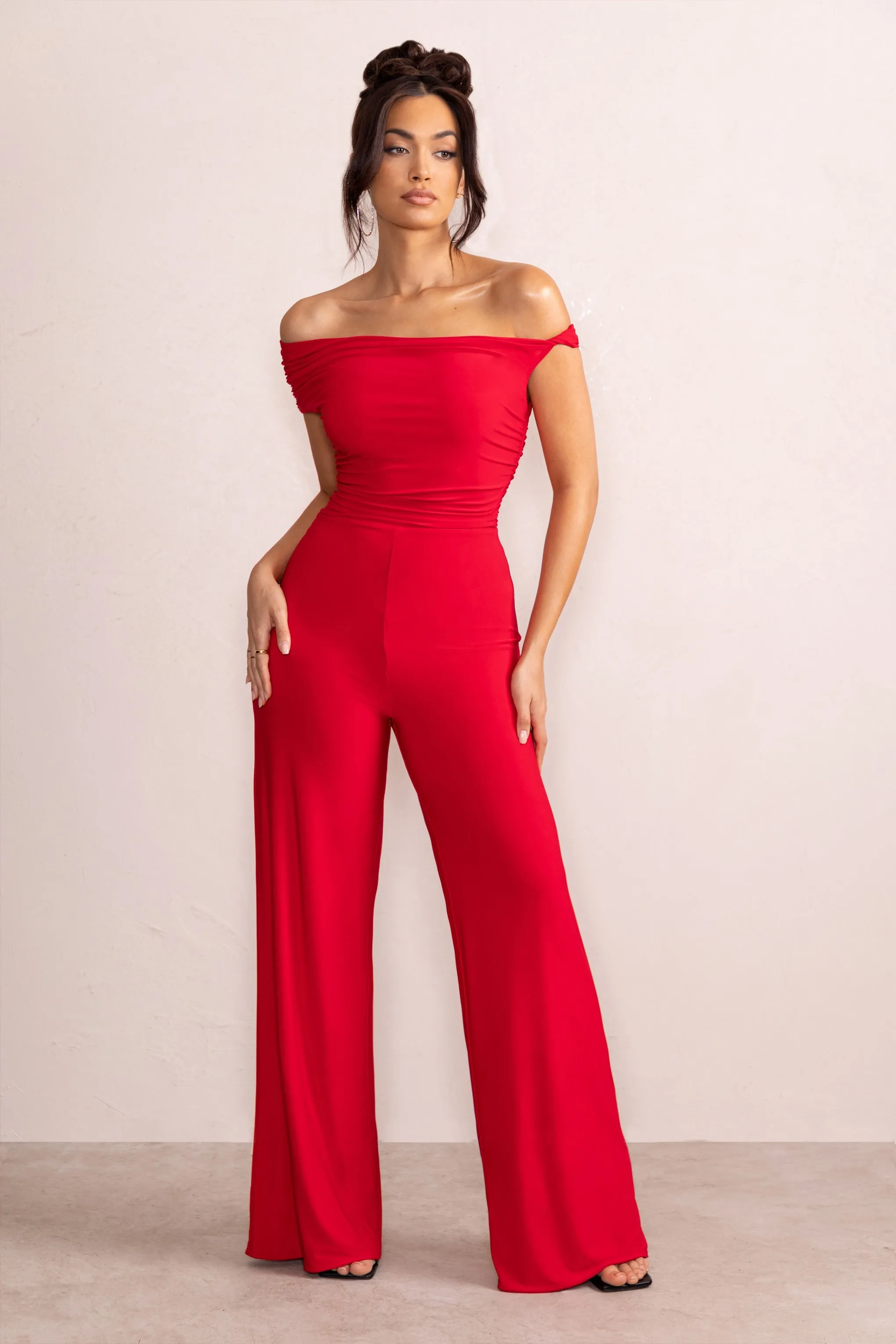 Avery | Red Asymmetric Bardot Ruched Jumpsuit With Wide Leg sold by Club L London product image thumbnail 5