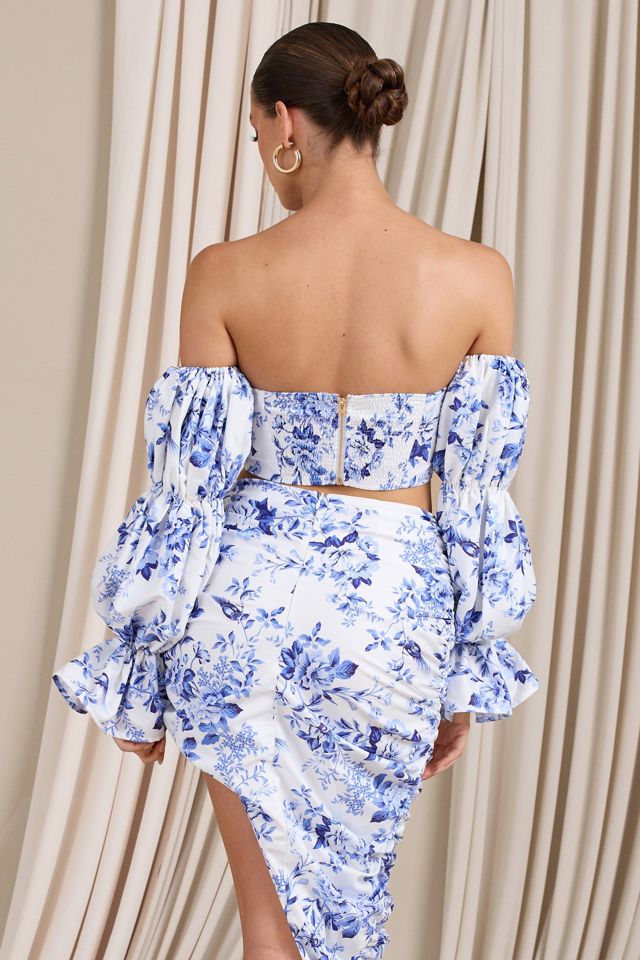 Roman | Blue Floral Bardot Puff-Sleeved Crop Top sold by Club L London product image thumbnail 3