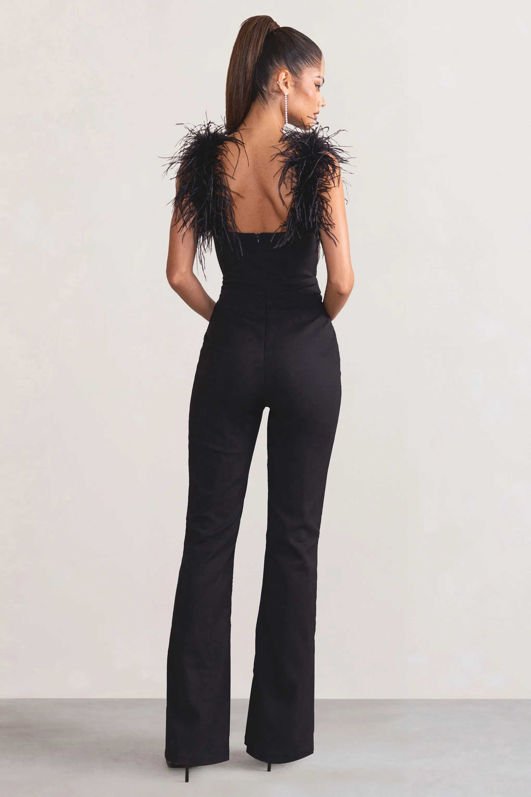 Verity | Black Feather Shoulder Corset Style Jumpsuit sold by Club L London product image thumbnail 2