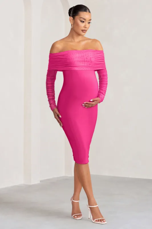 Patiently Waiting | Hot Pink Maternity Ruched Mesh Bardot Midi Dress sold by Club L London