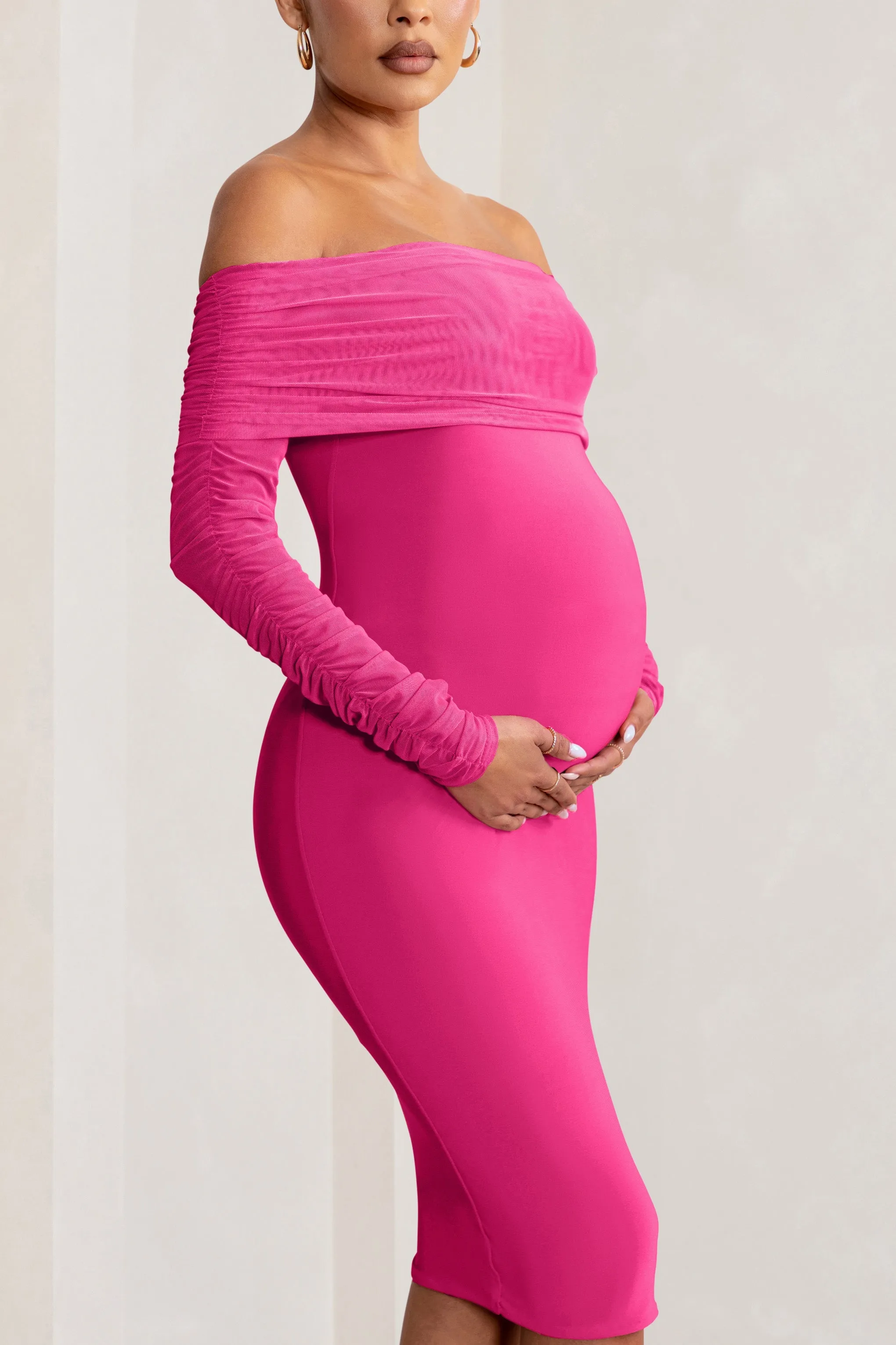 Patiently Waiting | Hot Pink Maternity Ruched Mesh Bardot Midi Dress sold by Club L London product image thumbnail 3