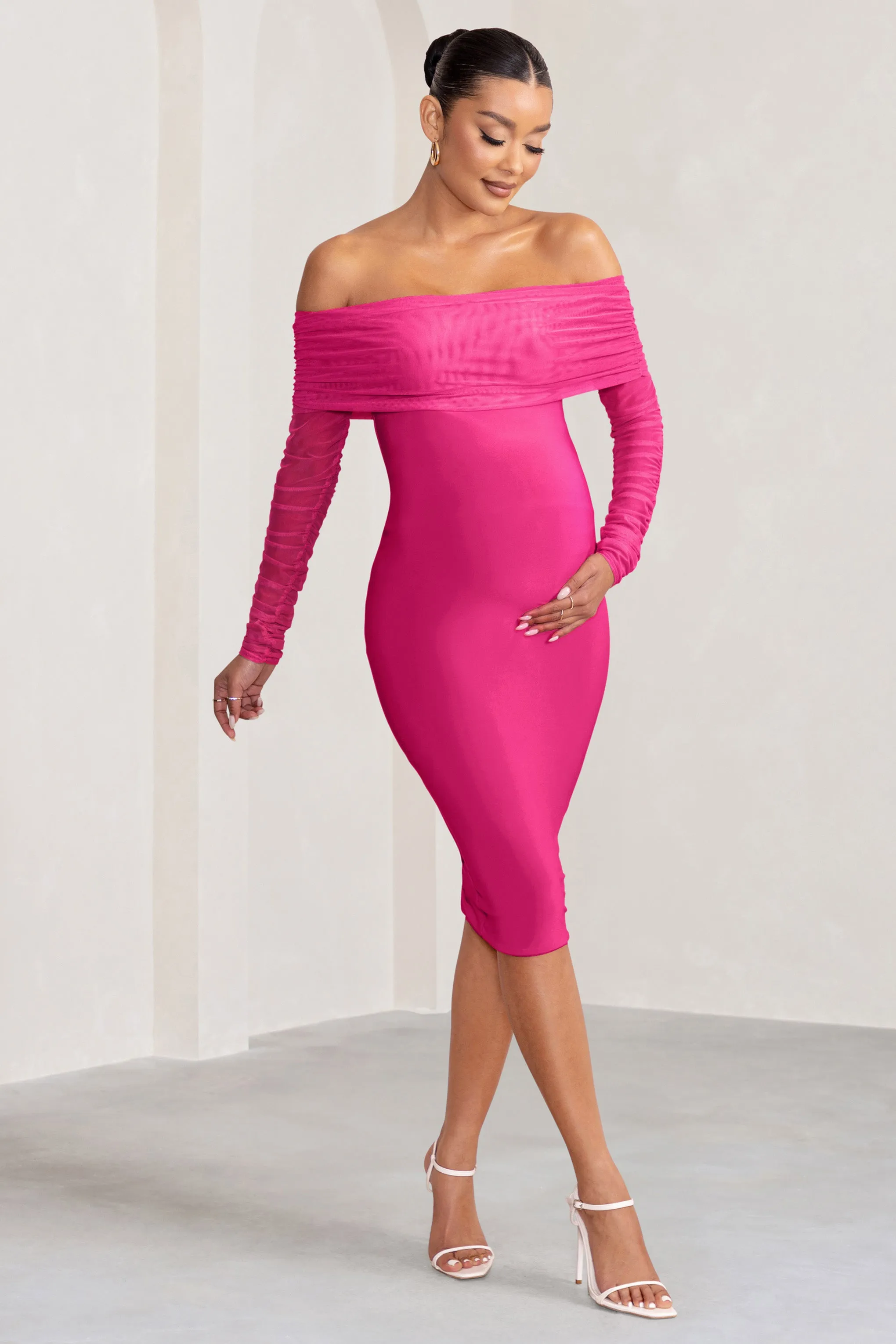 Patiently Waiting | Hot Pink Maternity Ruched Mesh Bardot Midi Dress sold by Club L London product image thumbnail 4