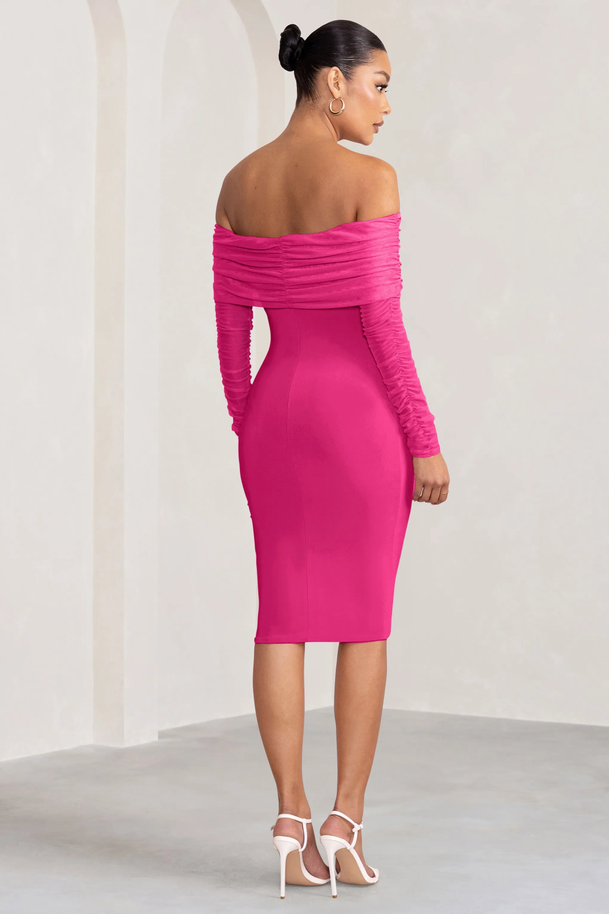 Patiently Waiting | Hot Pink Maternity Ruched Mesh Bardot Midi Dress sold by Club L London product image thumbnail 2