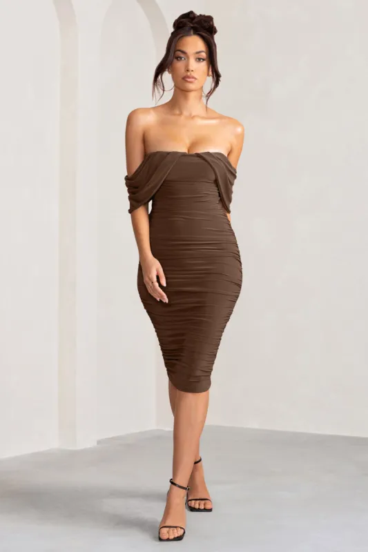 Love Me | Chocolate Off The Shoulders Ruched Midi Dress sold by Club L London