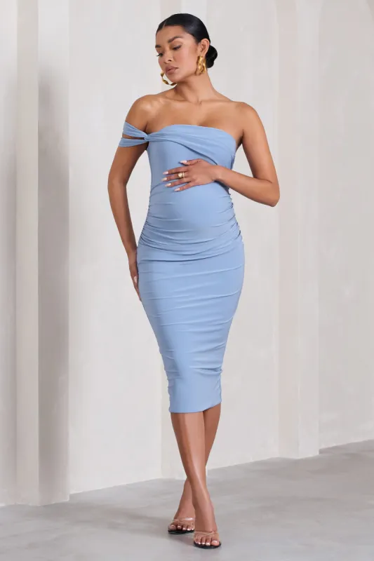 Eviana | Powder Blue Bodycon Sleeveless Twist Maternity Midi Dress sold by Club L London