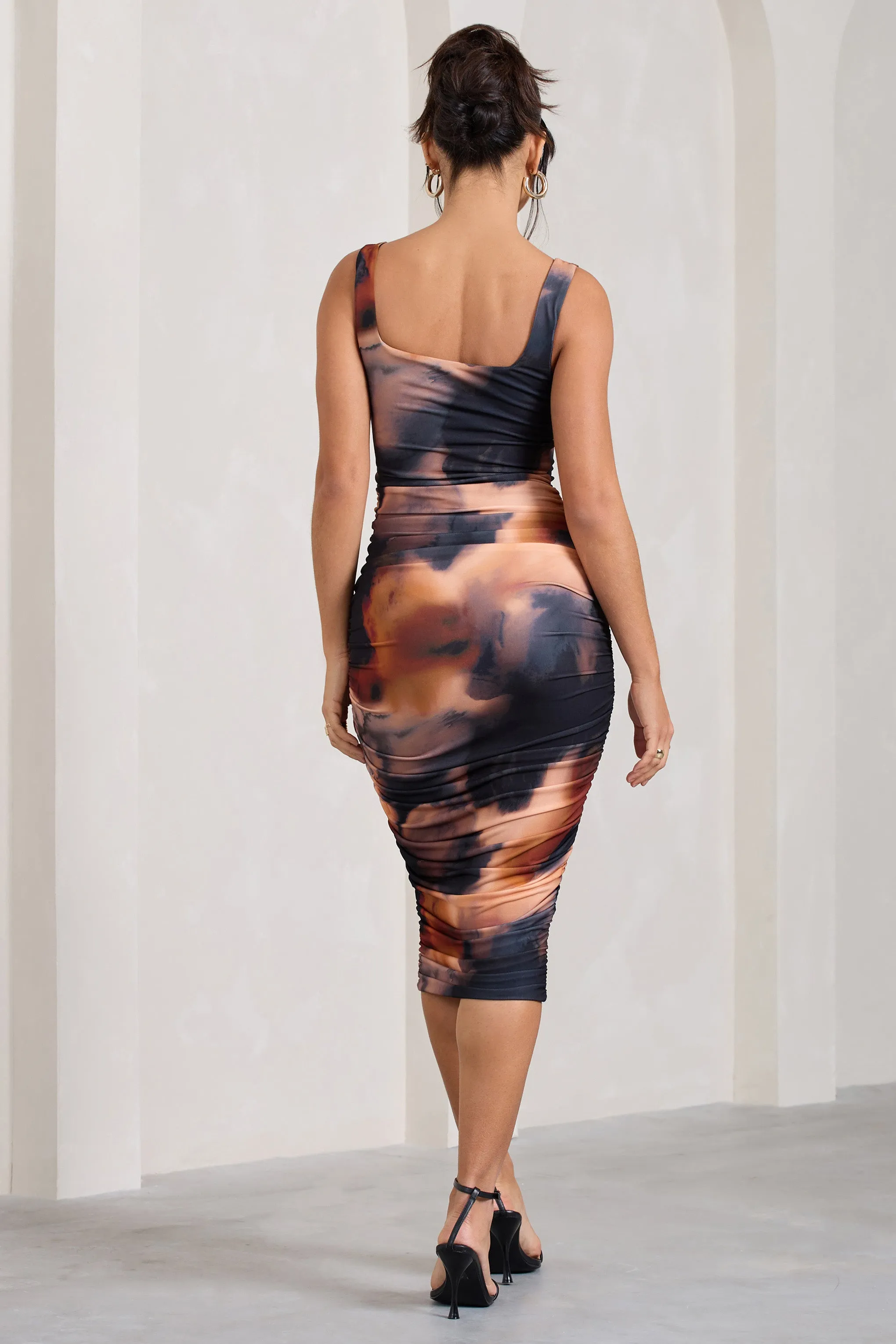 Lisbon | Orange Smoke Print Square Neck Ruched Midi Dress sold by Club L London product image thumbnail 2