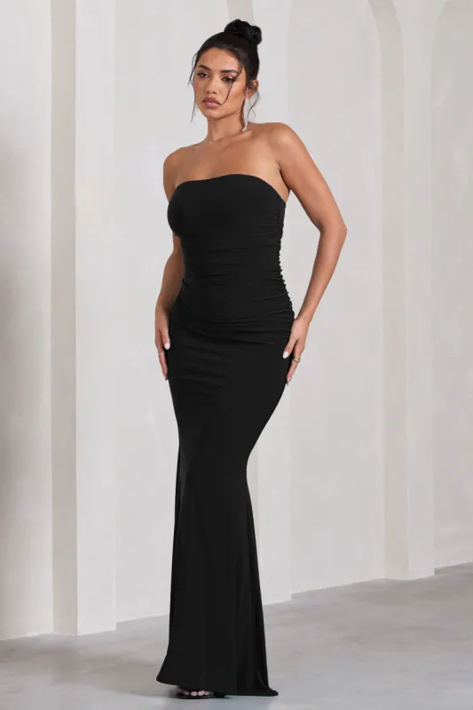 Wren | Black Ruched Bandeau Maxi Dress sold by Club L London