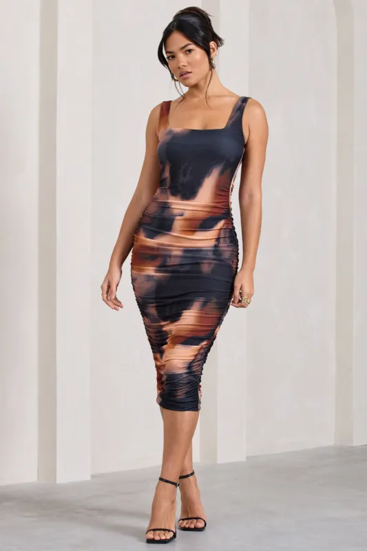 Lisbon | Orange Smoke Print Square Neck Ruched Midi Dress sold by Club L London