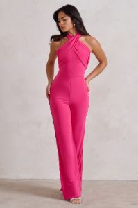 Goddess | Hot Pink Halter Neck Flare Jumpsuit sold by Club L London