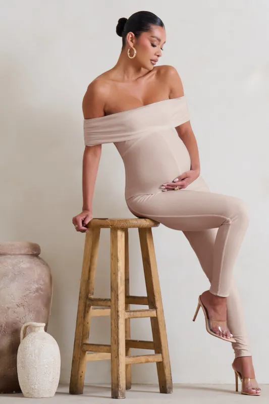 Carefully Crafted | Cream Maternity Bardot Fitted Jumpsuit sold by Club L London