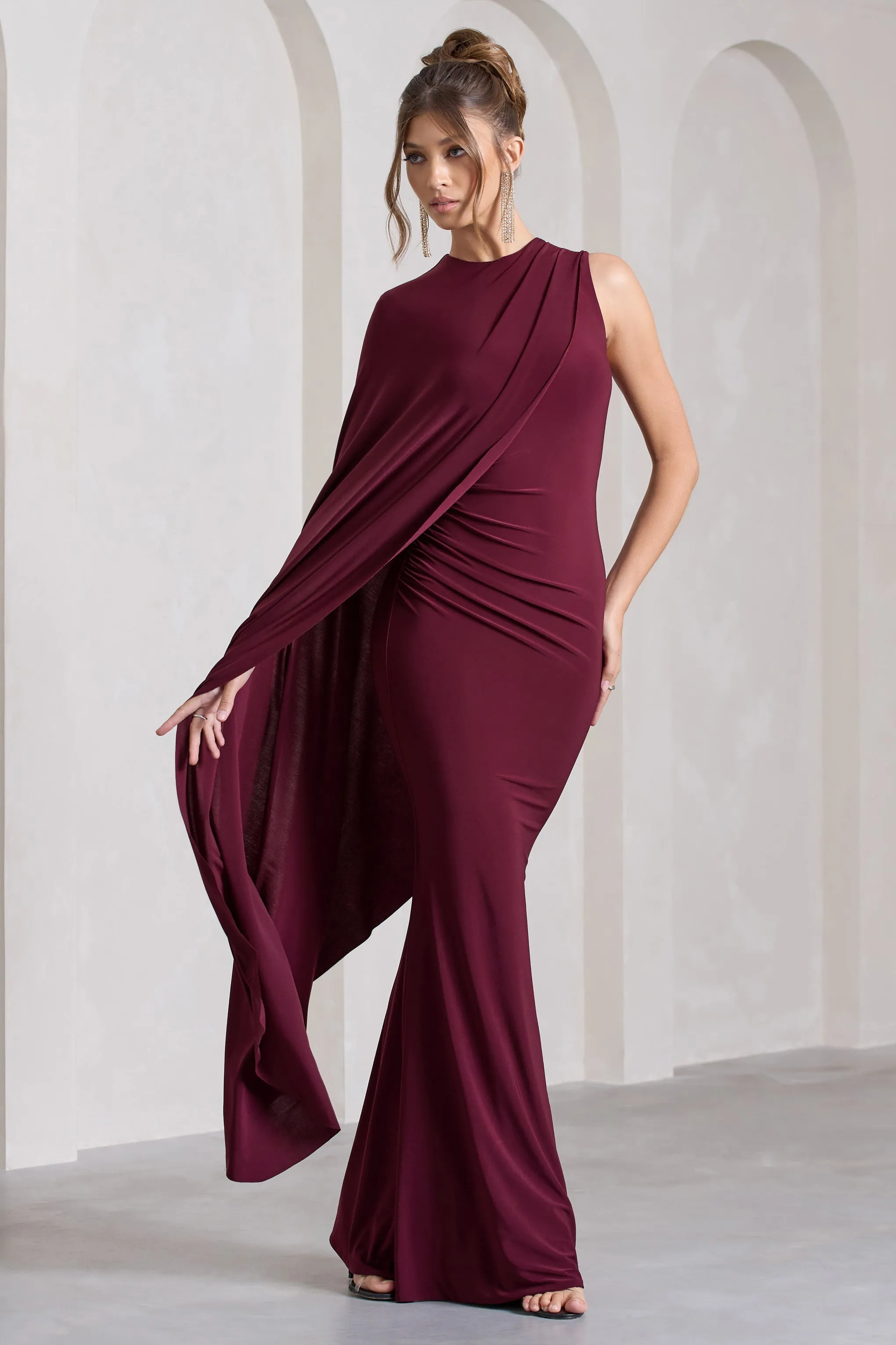 Unveil | Burgundy One-Sleeve Cape Maxi Dress sold by Club L London product image thumbnail 5
