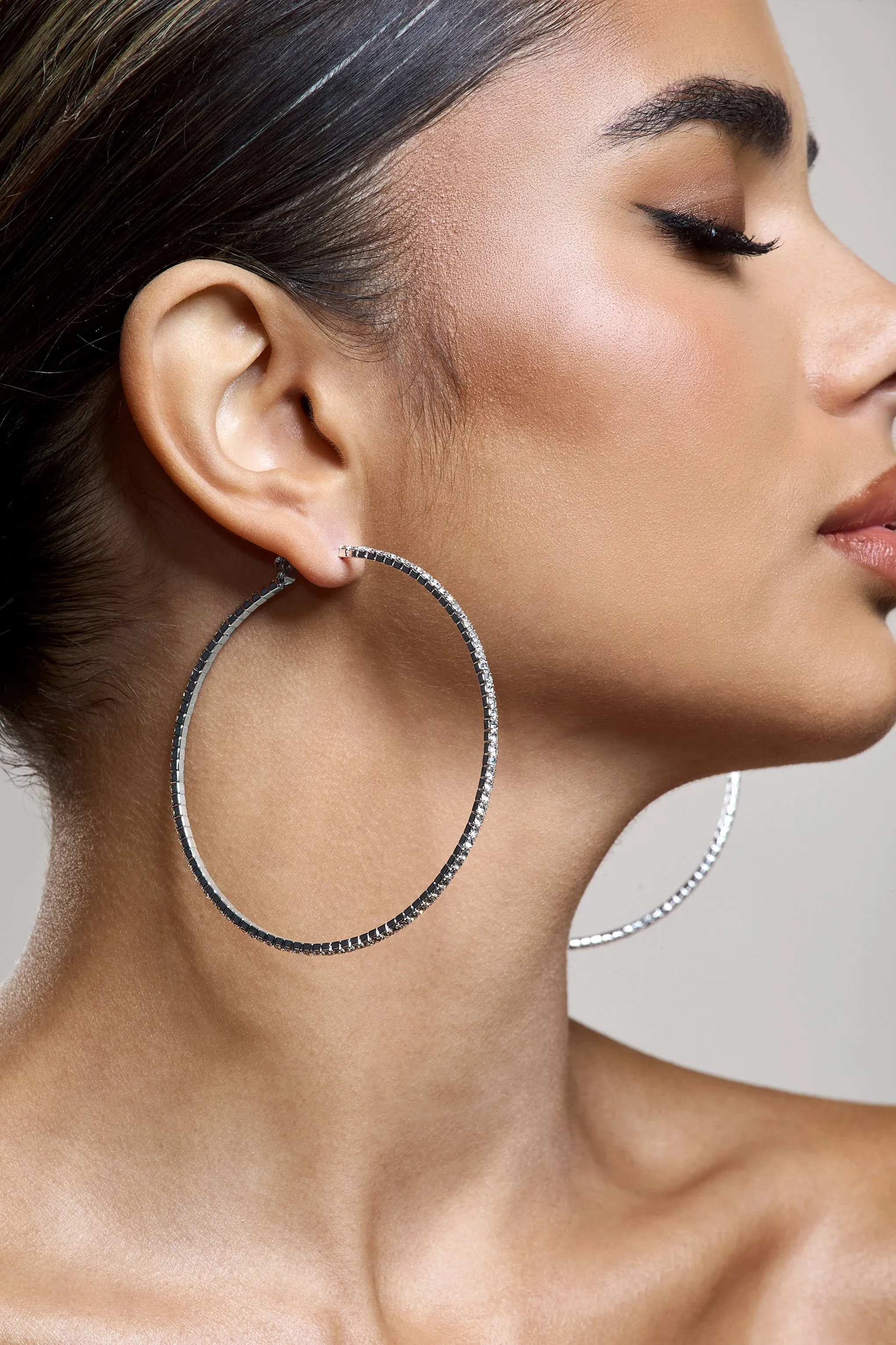 Chessie | Silver Diamante Hoop Earrings sold by Club L London product image thumbnail 4