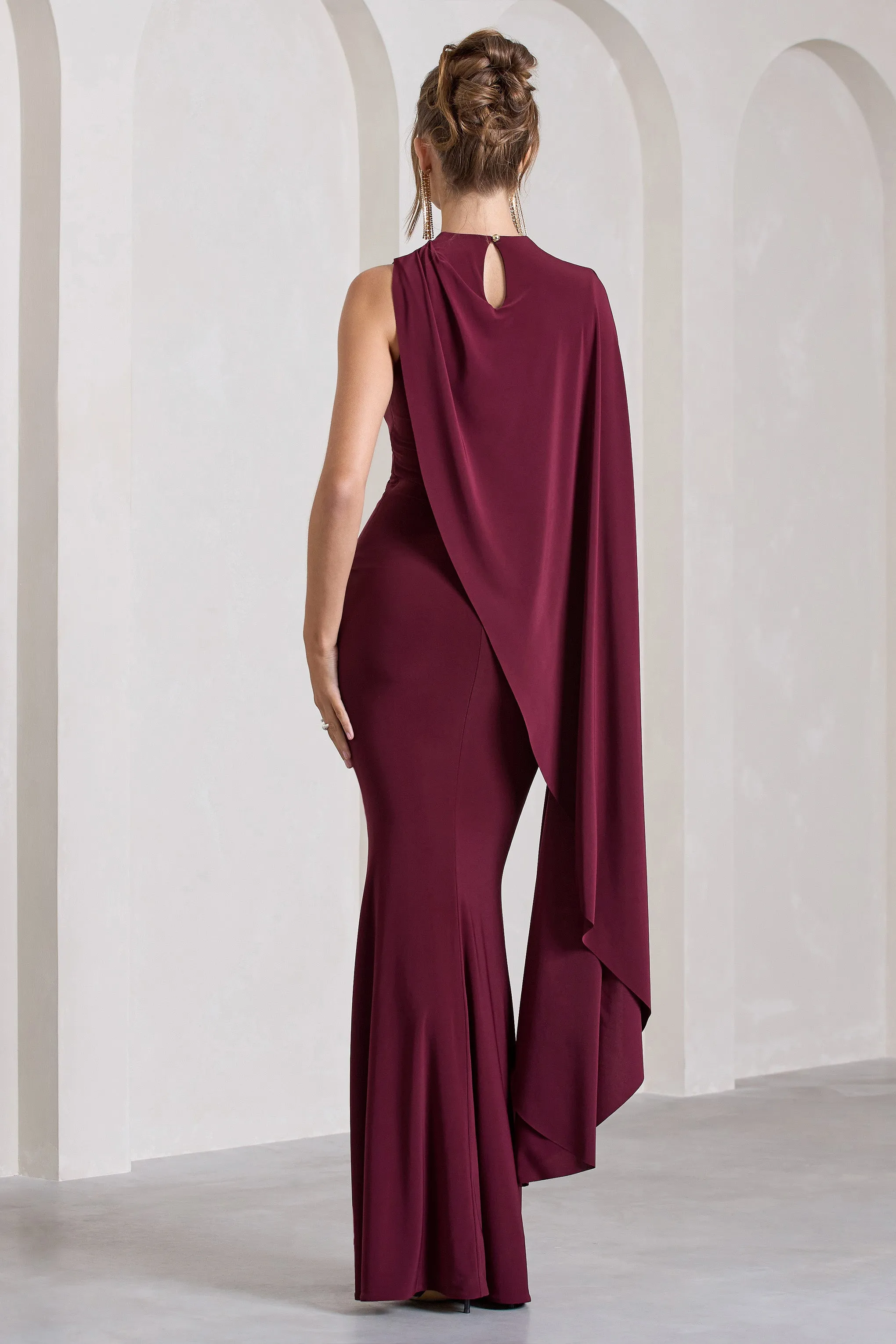 Unveil | Burgundy One-Sleeve Cape Maxi Dress sold by Club L London product image thumbnail 2