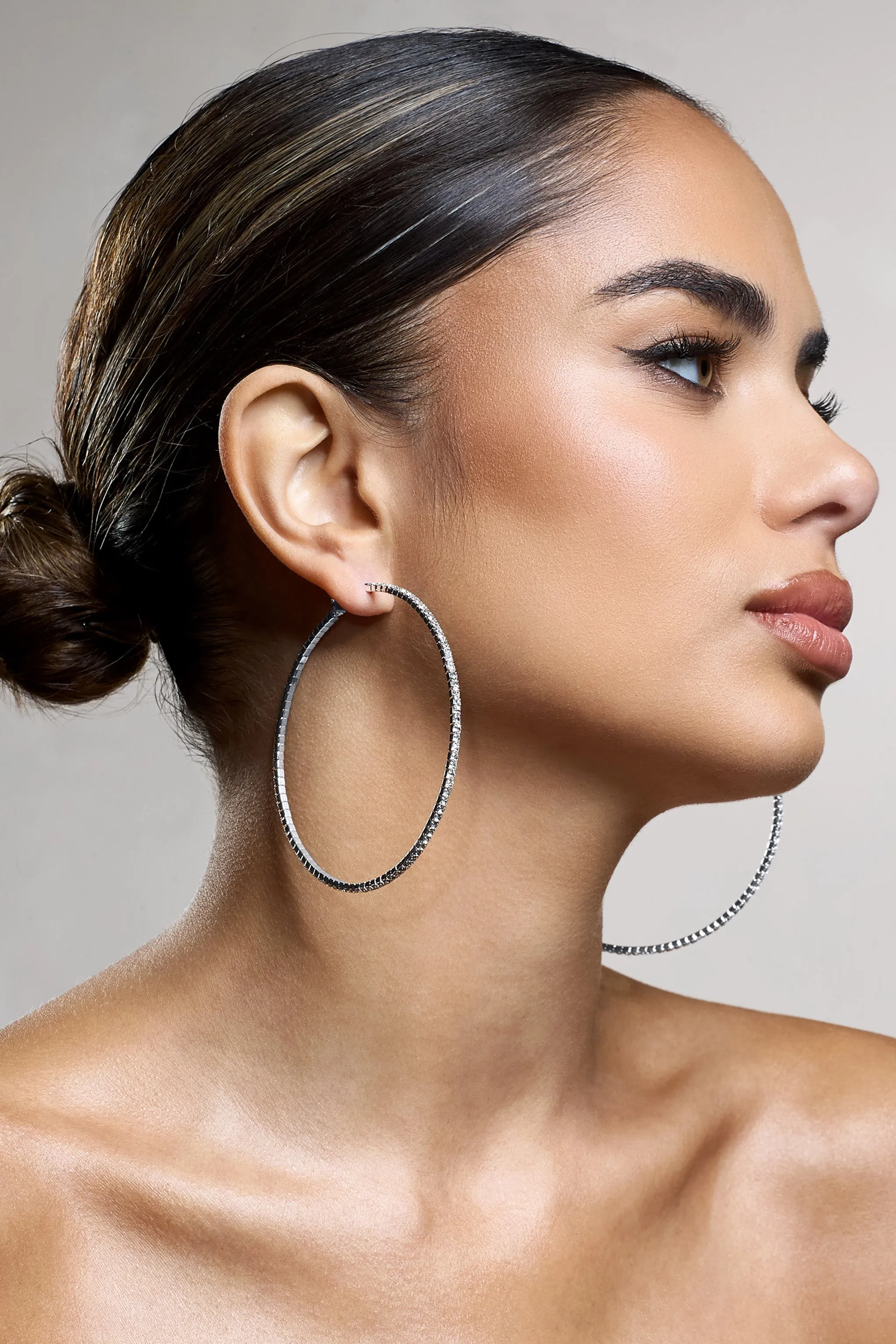 Chessie | Silver Diamante Hoop Earrings sold by Club L London