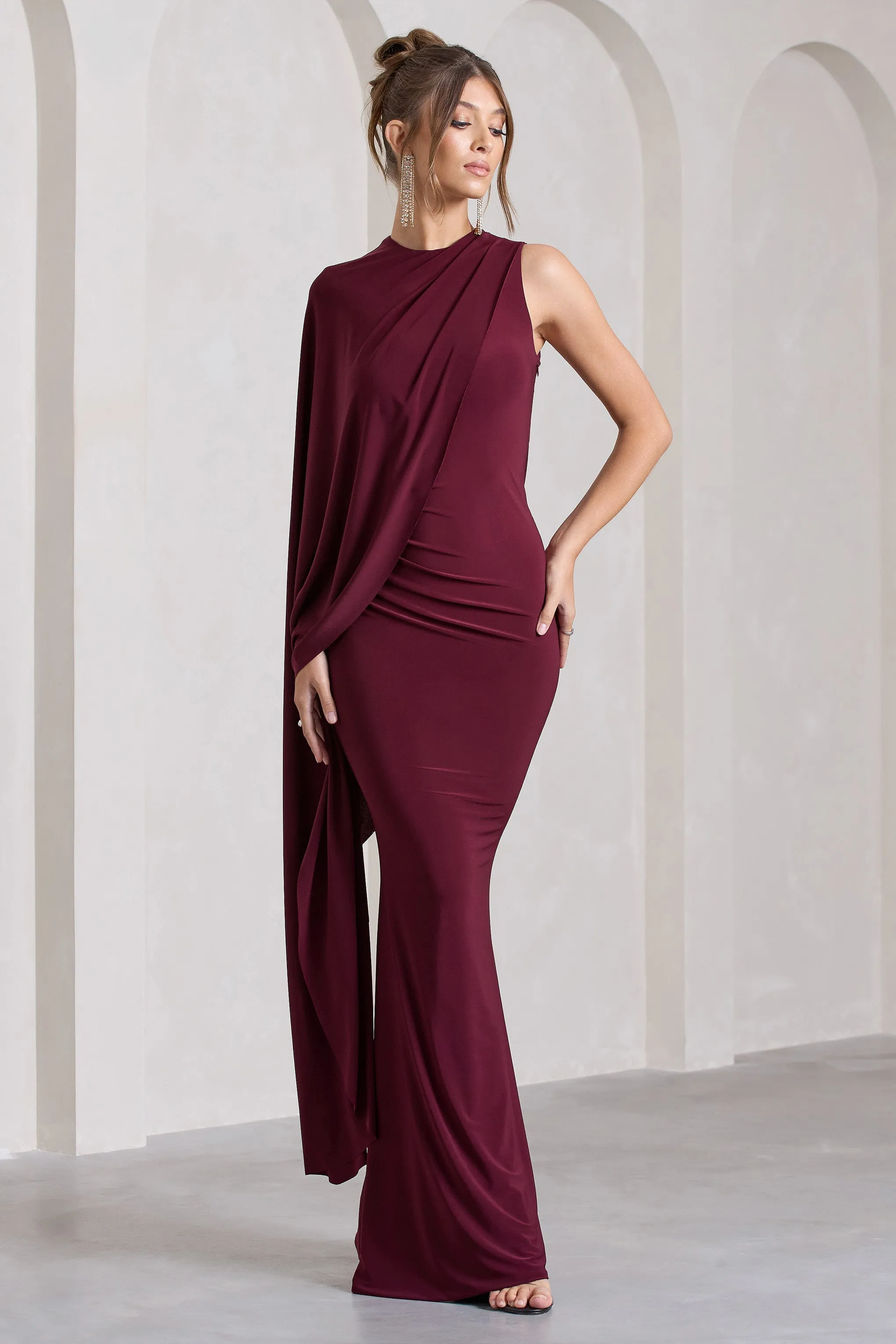 Unveil | Burgundy One-Sleeve Cape Maxi Dress sold by Club L London product image thumbnail 4