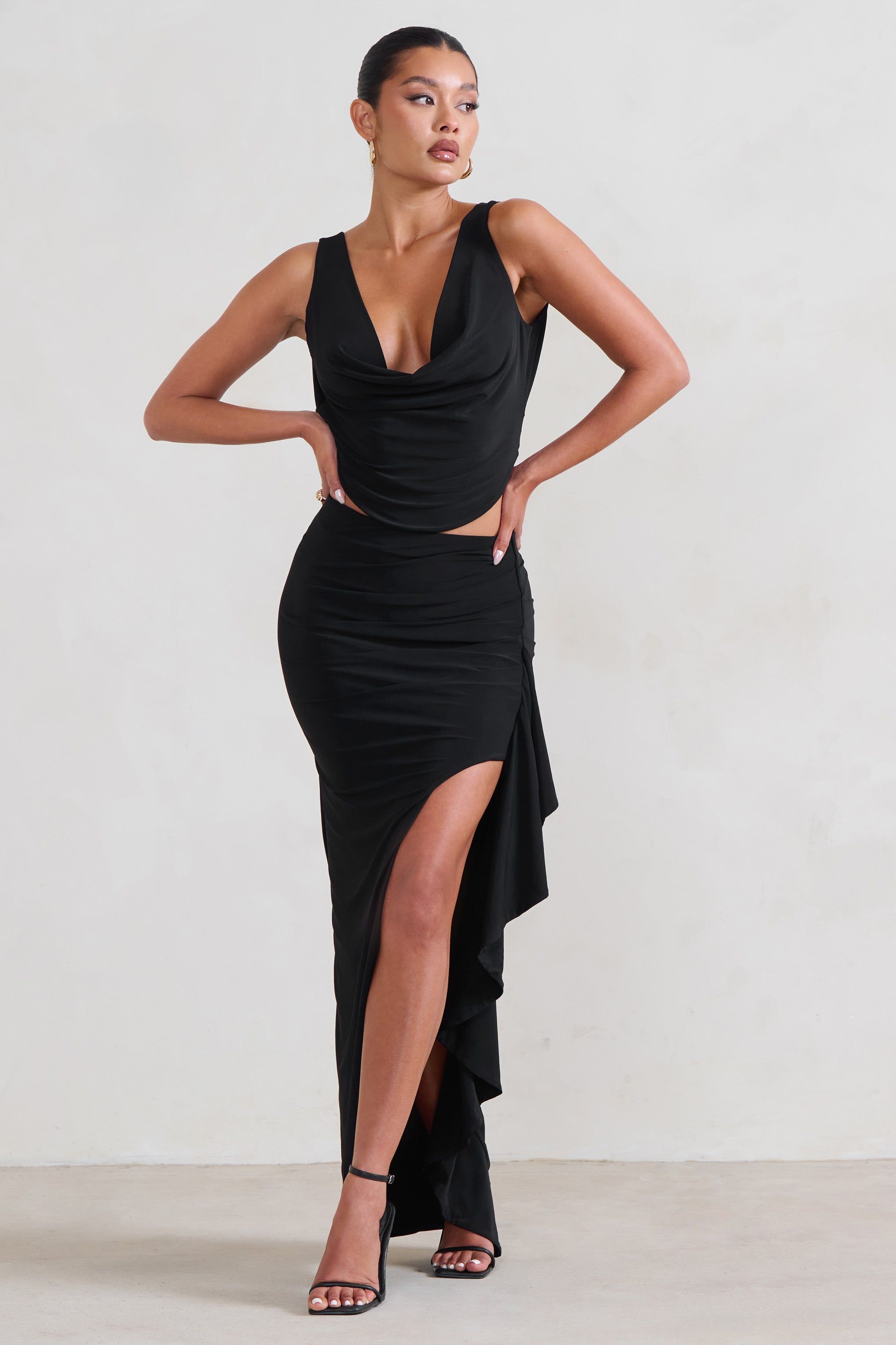 La Belle | Black Ruffle Maxi Skirt With Thigh Split sold by Club L London product image thumbnail 5