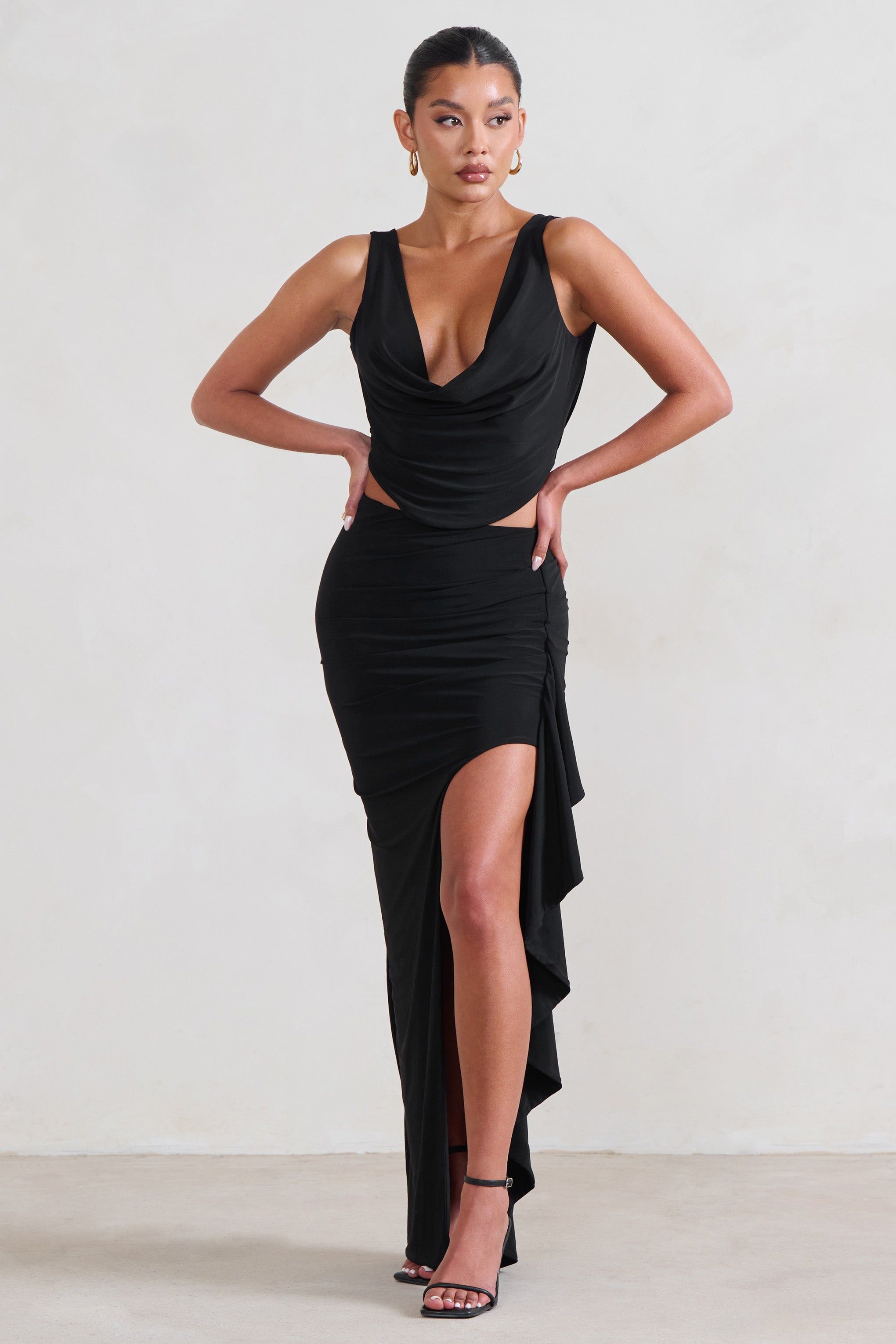 La Belle | Black Ruffle Maxi Skirt With Thigh Split sold by Club L London product image thumbnail 6