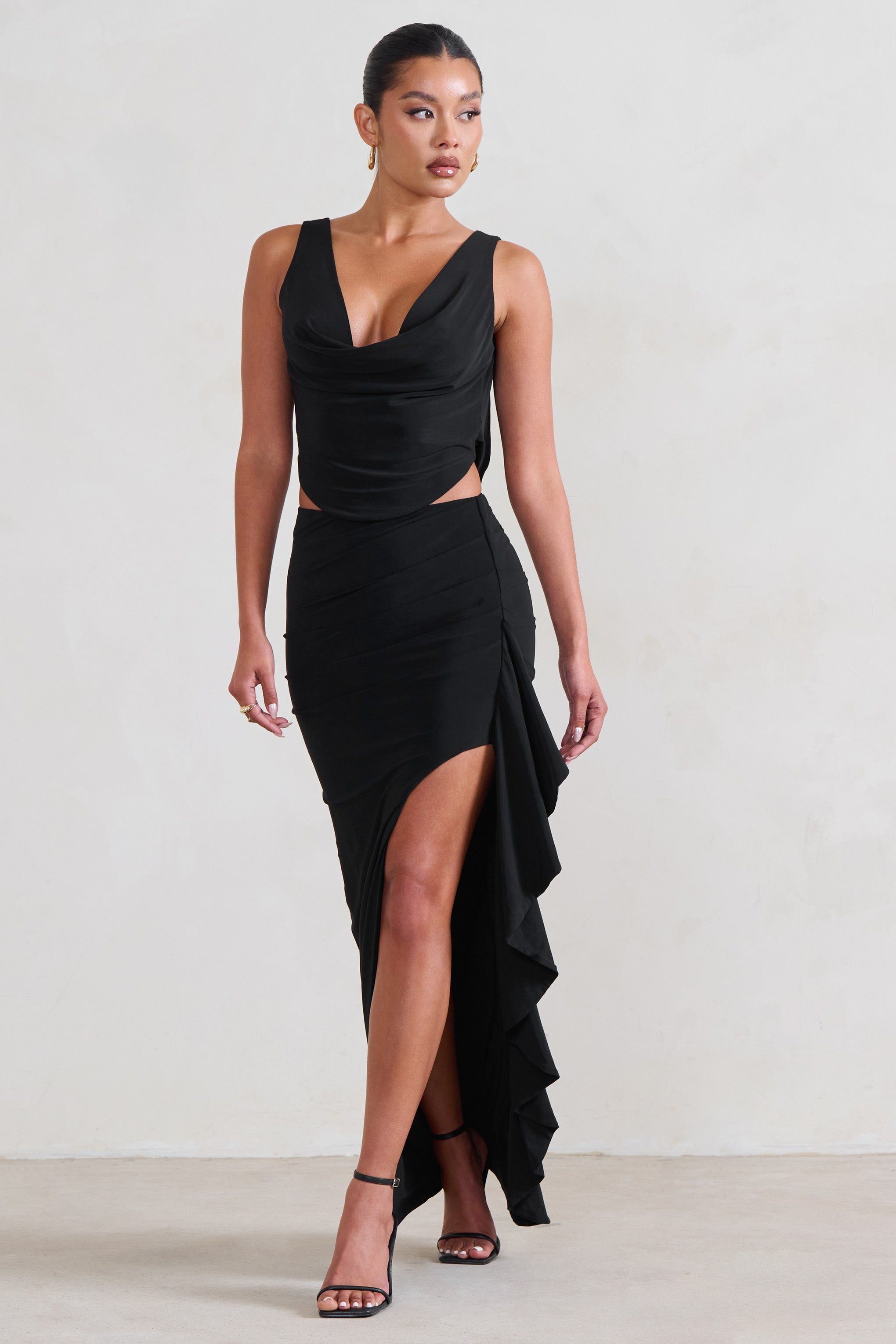 La Belle | Black Ruffle Maxi Skirt With Thigh Split sold by Club L London