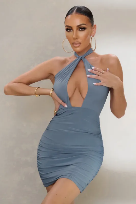 Rebellious Love | Slate Blue Twist Detail Halterneck Mini Dress sold by Club L London