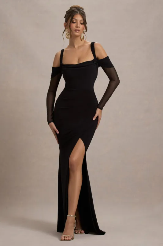 Milana | Black Square-Neck Draped Wrap Maxi Dress With Long Sleeves sold by Club L London