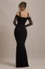 Milana | Black Square-Neck Draped Wrap Maxi Dress With Long Sleeves sold by Club L London